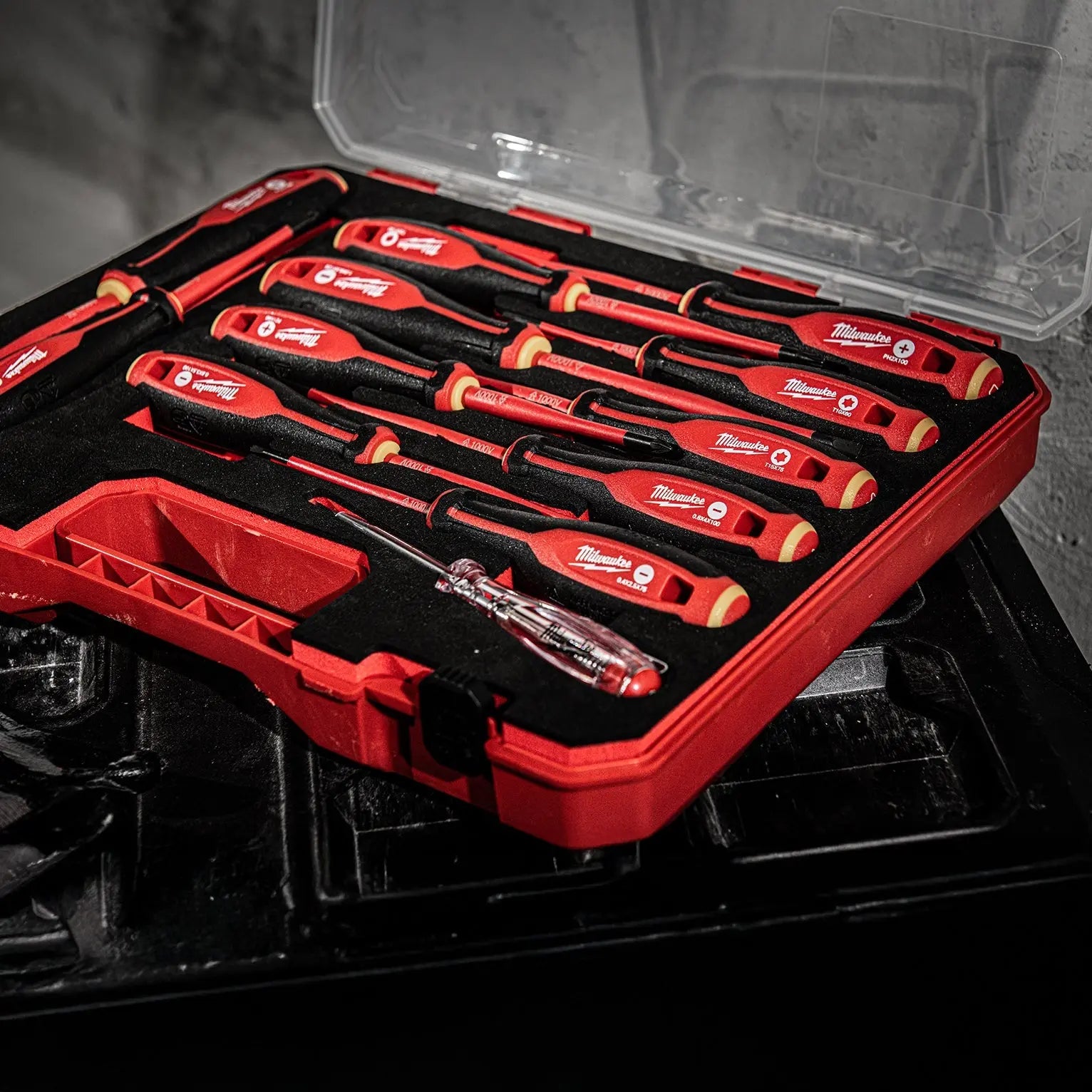 Milwaukee Screwdrivers in case with lid open