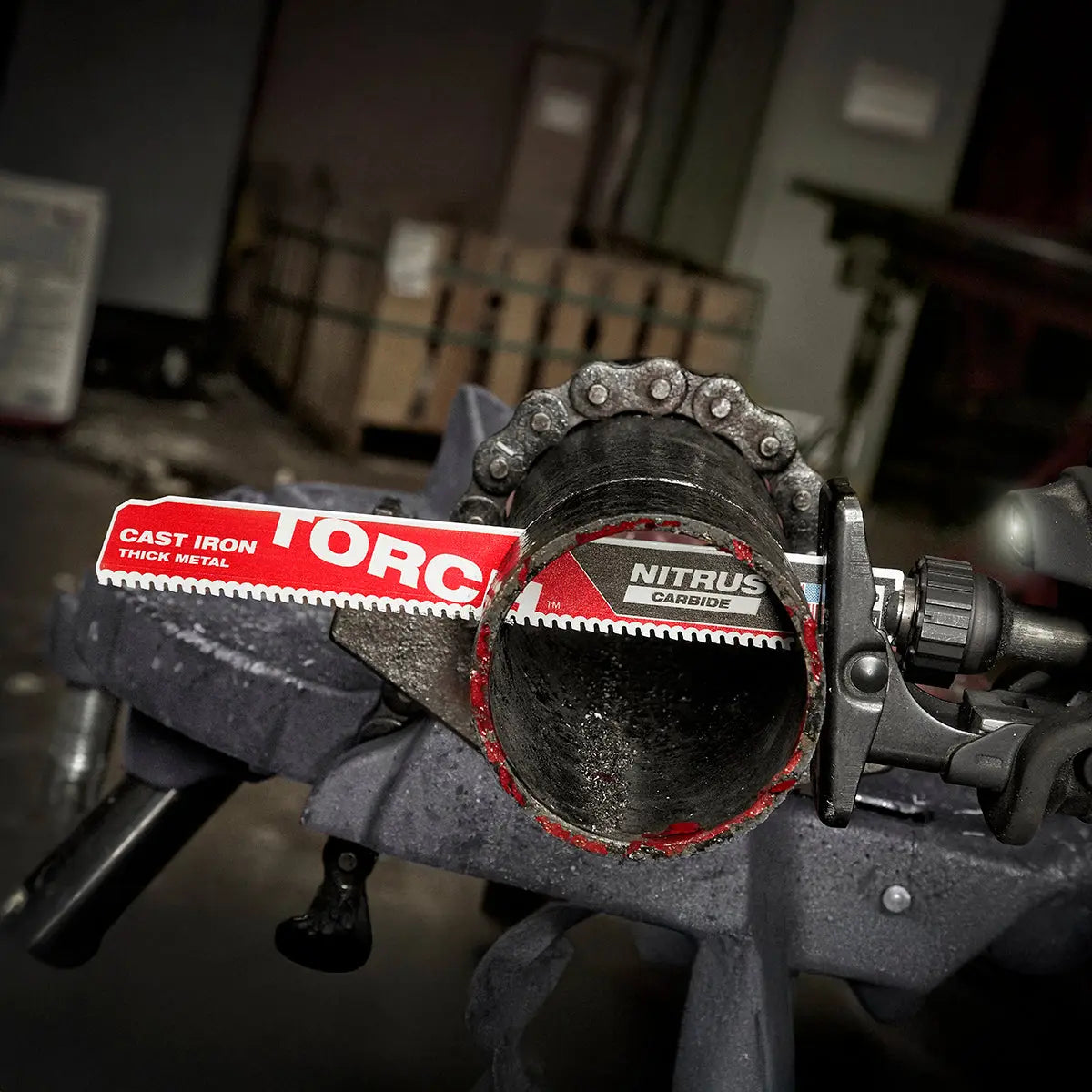 Milwaukee Reciprocating Saw cutting through some steel pipe