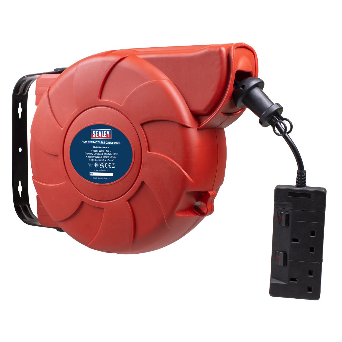 Sealey Cable Reel System Retractable 15m 2 x 230V Socket