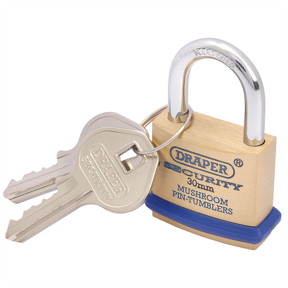 Draper Solid Brass Padlock and 2 Keys with Mushroom Pin Tumblers Hardened Steel Shackle and Bumper 30mm 64160 White Rose Tools