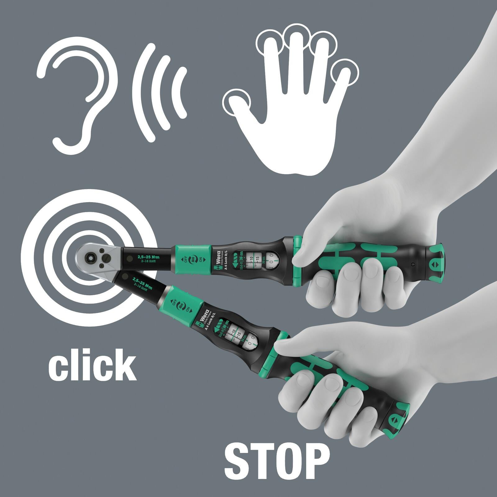 Wera Click Torque Lock Wrench A 6 R/L Reversible Ratchet 2.5-25 Nm 1/4" Hex Reversible Torque Operation