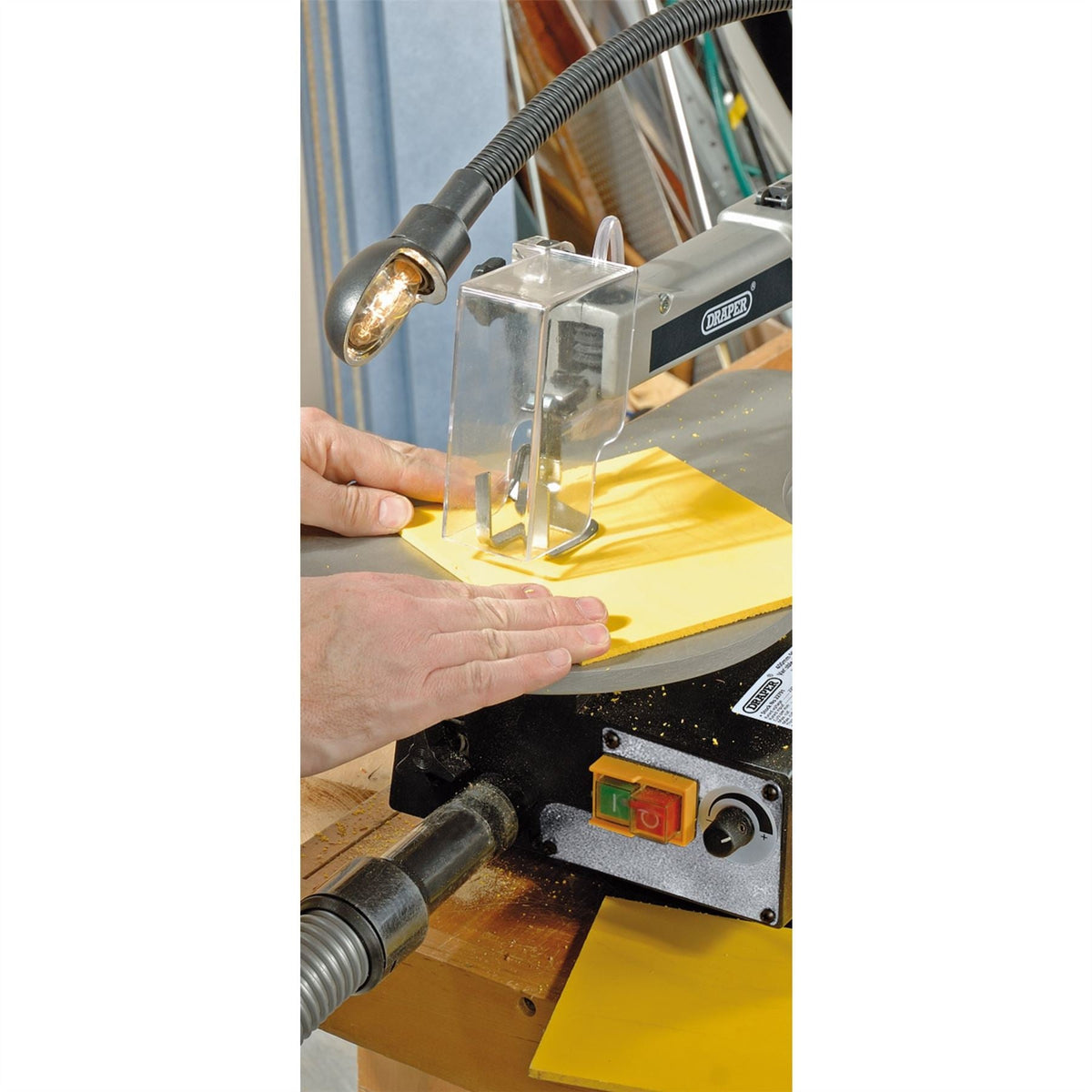 Draper Variable Speed Scroll Saw with Flexible Drive Shaft and Work light 405mm 90W 22791 White Rose Tools