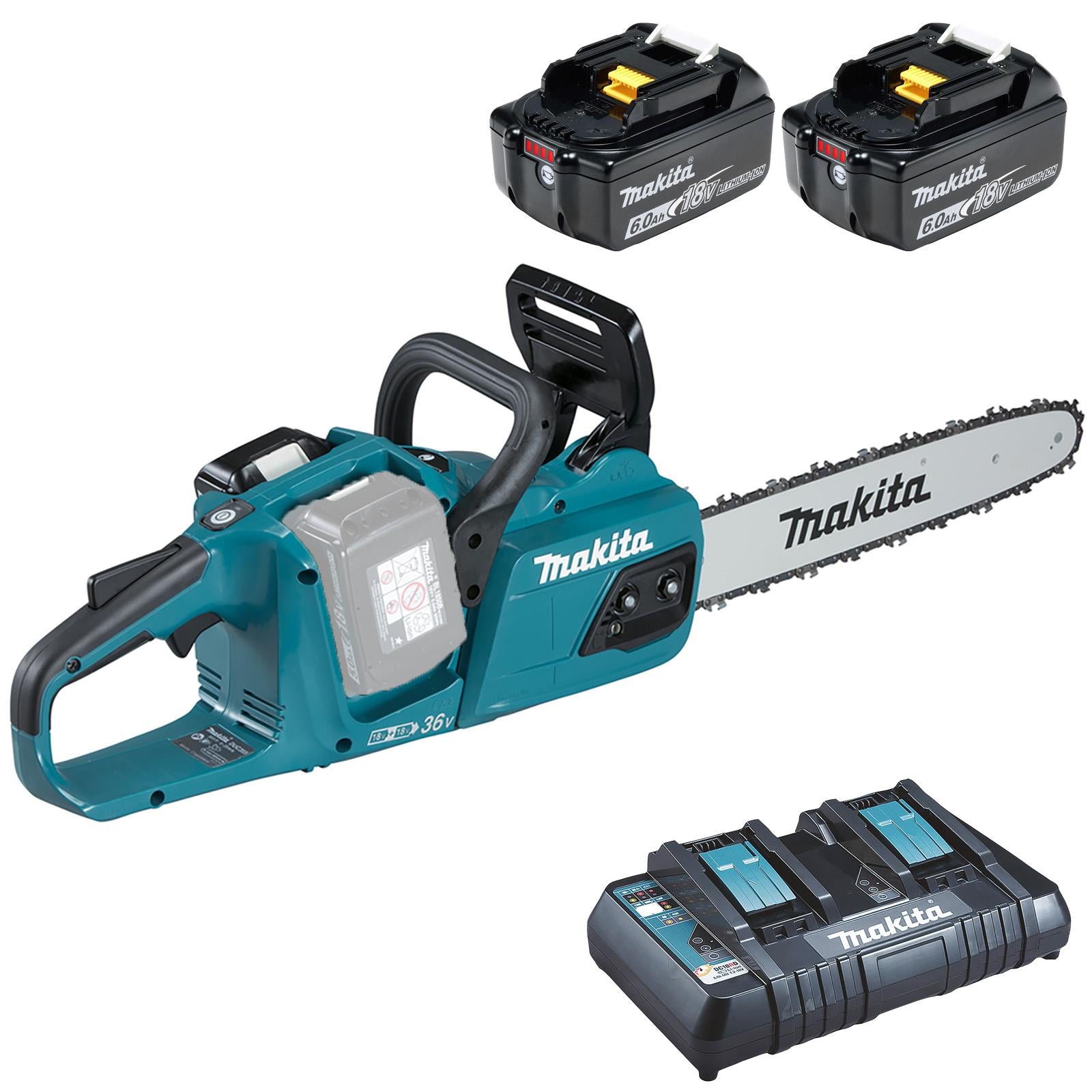 Makita Chainsaw Kit Heavy Duty 35cm 14" 18V x 2 LXT Brushless Cordless 2 x 6Ah Battery and Dual Rapid Charger Garden Tree Cutting Pruning DUC355PG2