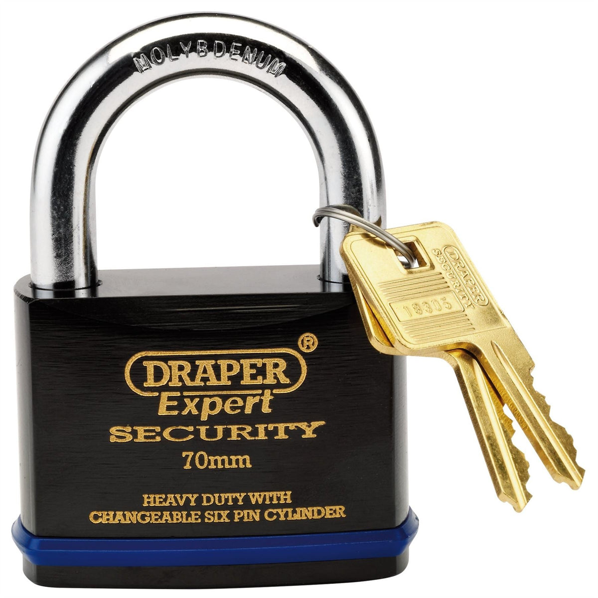 Draper Expert Heavy Duty Padlock and 2 Keys with Super Tough Molybdenum Steel Shackle 70mm 64195 White Rose Tools