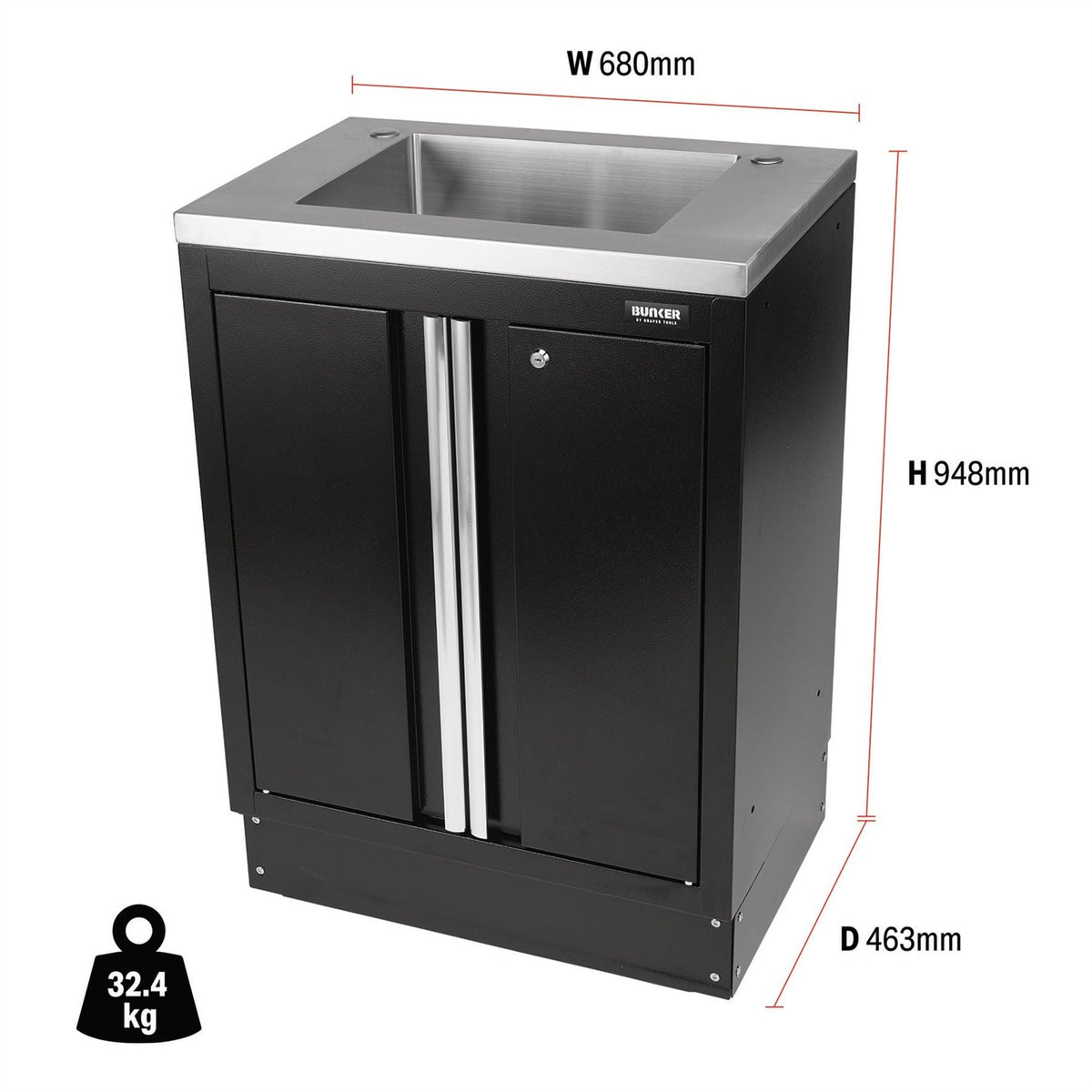 BUNKER Modular Floor Cabinet with Sink 2 Door 680mm 31034 White Rose Tools