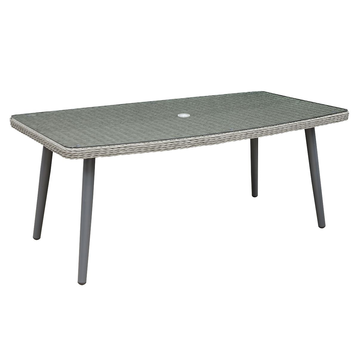 Dellonda Buxton Rattan Wicker Outdoor Dining Table with Clear Tempered Glass Top, Grey