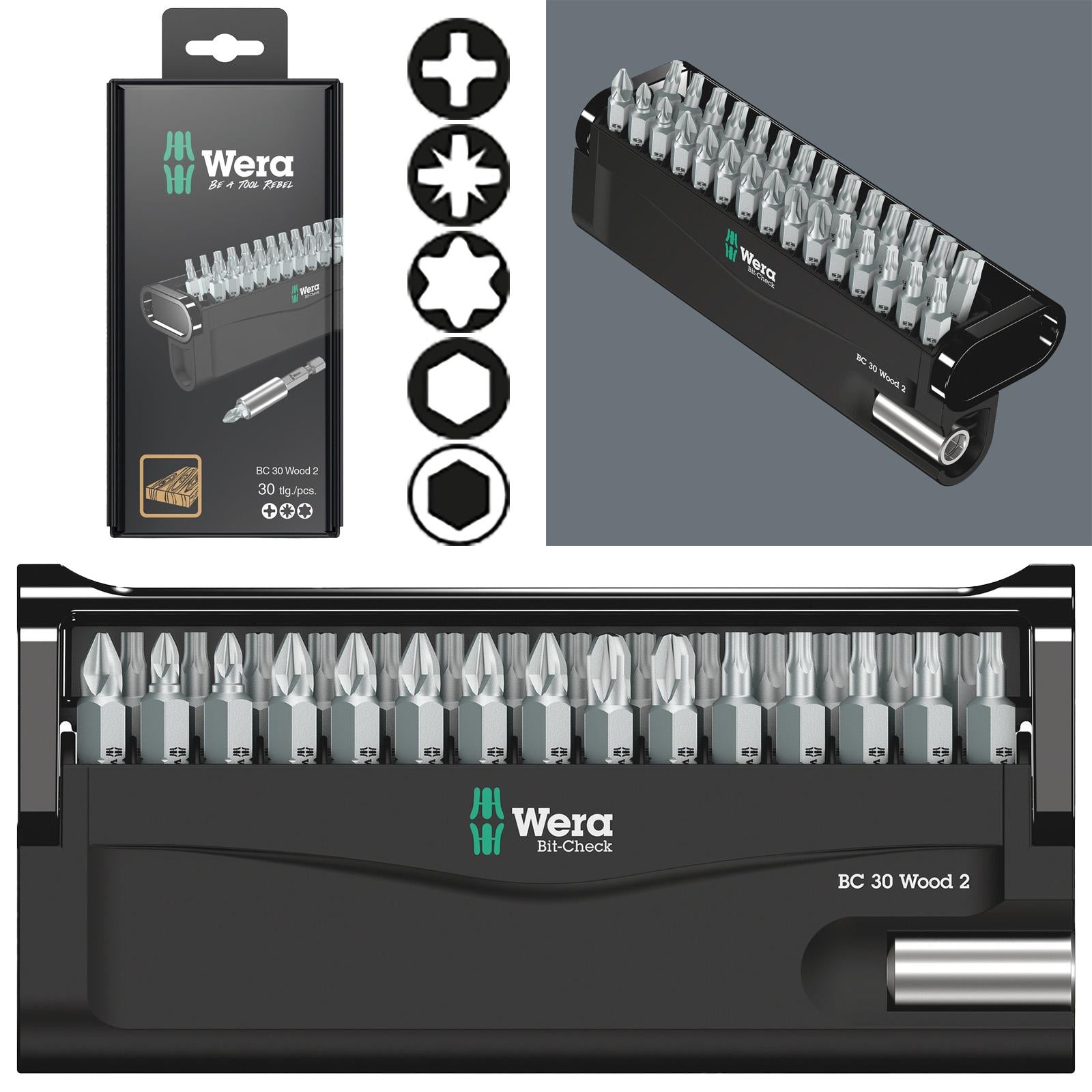 Wera Screwdriver Bit Set with Bit Holder Bit Check 30 Wood 2 SB 30 Pieces PH PZ TX