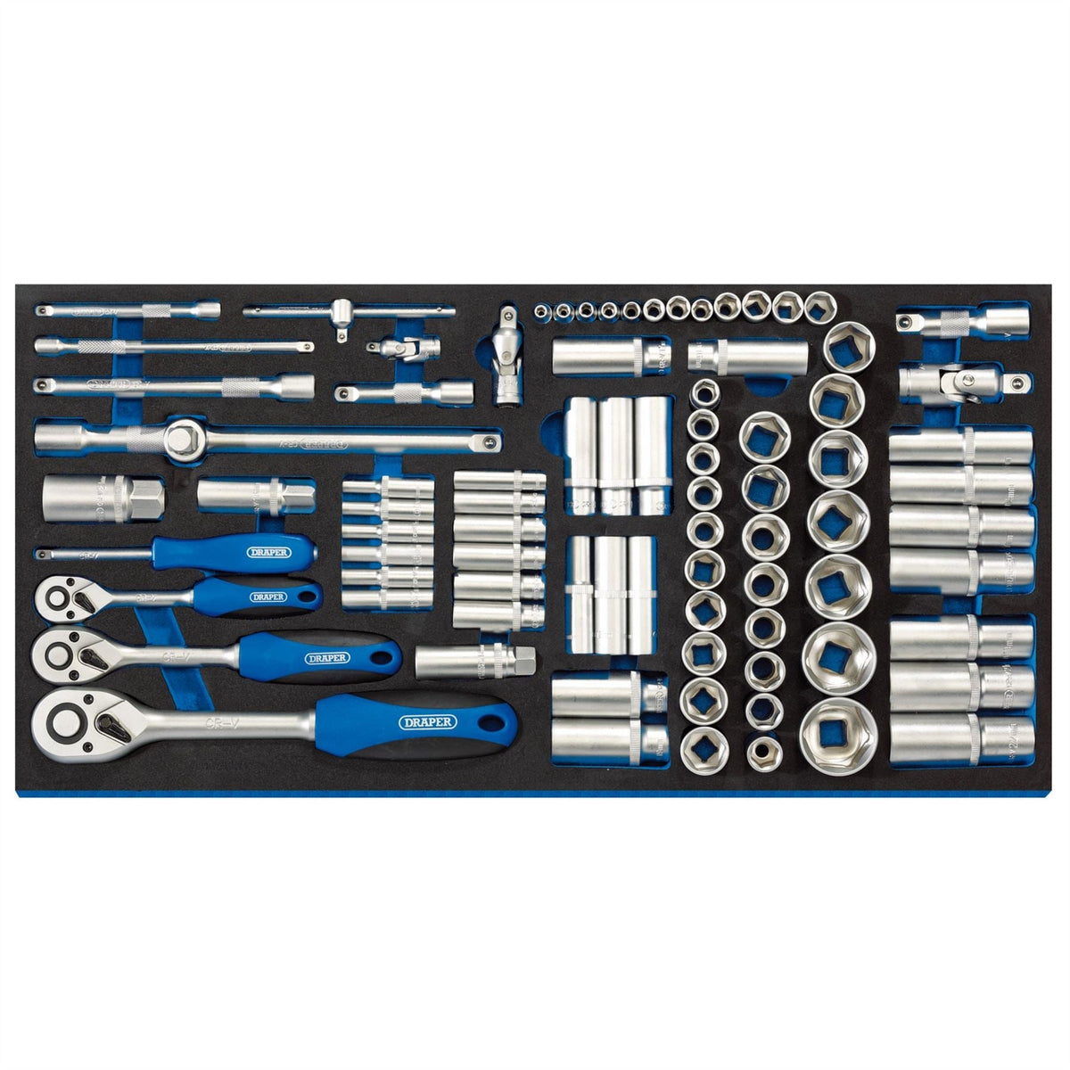 Draper Socket Set in Full Drawer EVA Insert Tray 1/4" 3/8" and 1/2" (84 Piece) 63540 White Rose Tools