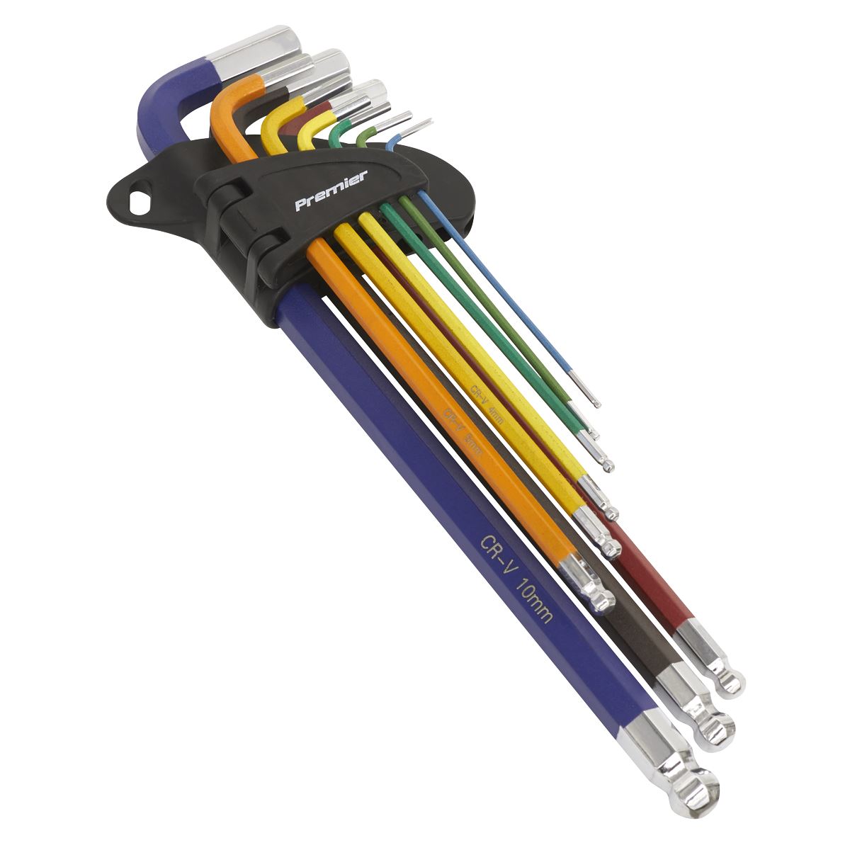 Sealey Premier 9 Piece Colour Coded Extra Long Ball End Hex Key Set 1.5-10mm Case