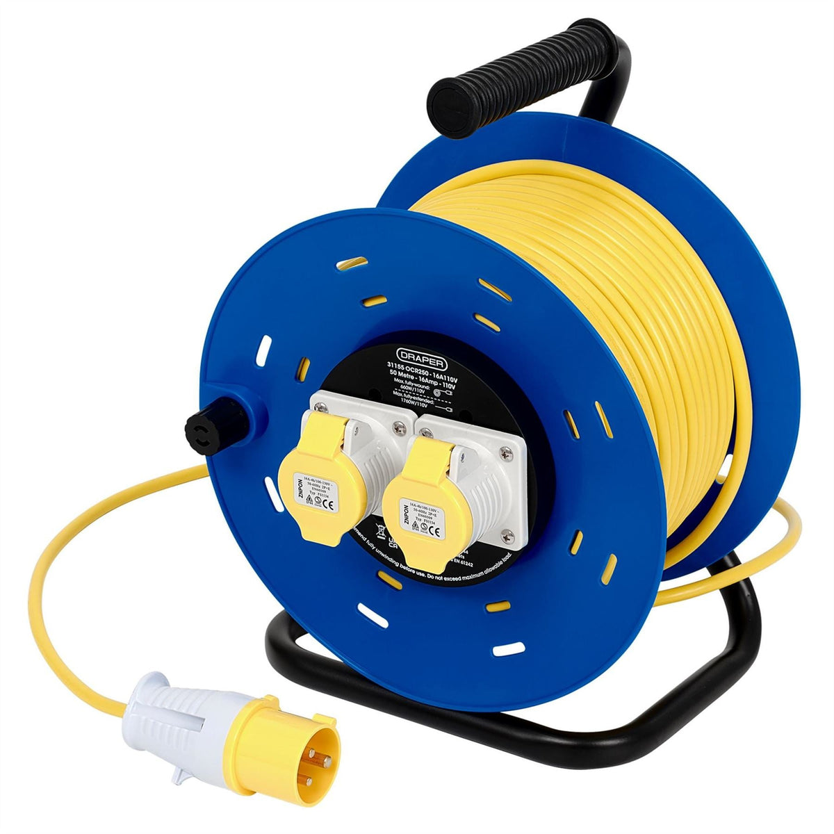 Draper 16A 110V 2 Socket Open Cable Reel 50m 31155 White Rose Tools