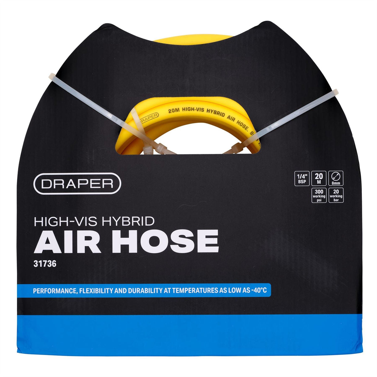 Draper High Visibility Hybrid Air Hose 20m x 8mm 1/4" BSP Yellow 31736 White Rose Tools