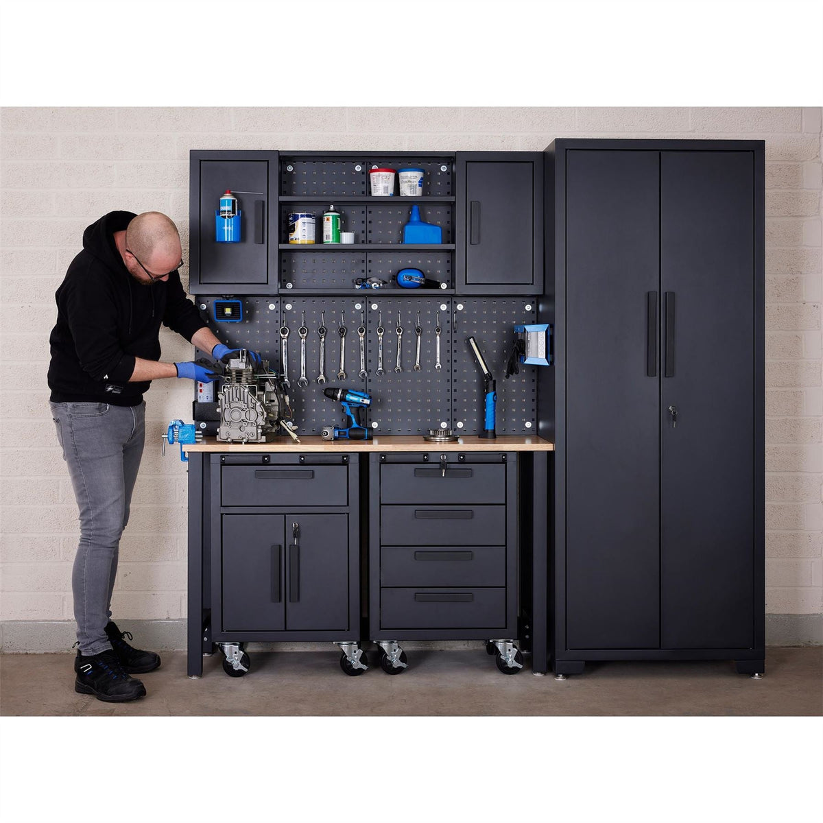 Draper Single Garage Workstation with Roller Cabinets 13269 White Rose Tools