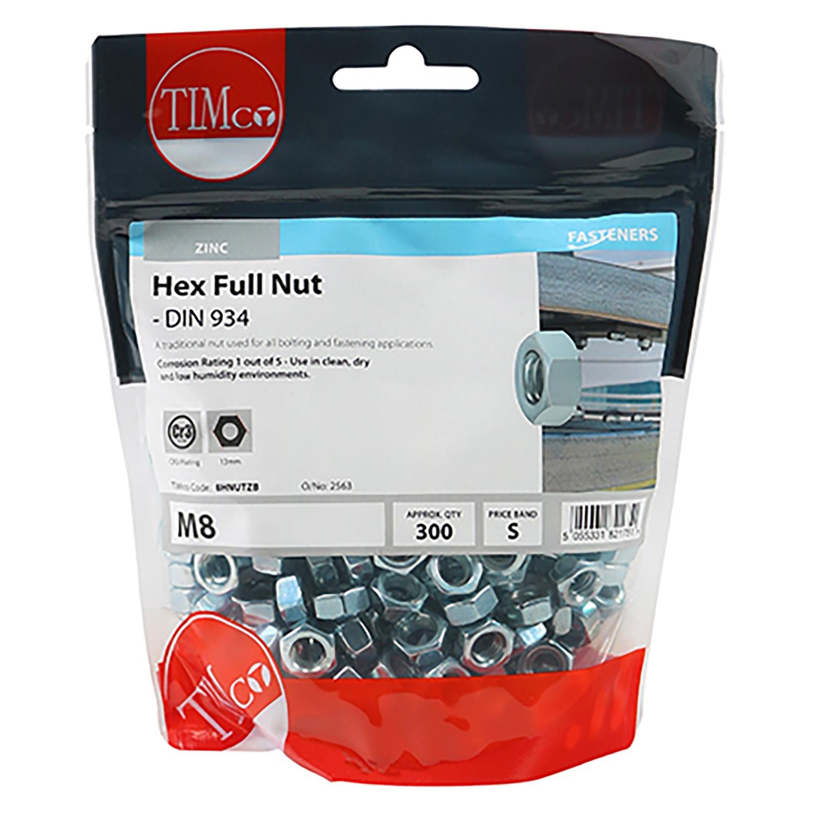 TIMCO Hex Full Nuts Zinc DIN934 M4-M20 Choose Size White Rose Tools