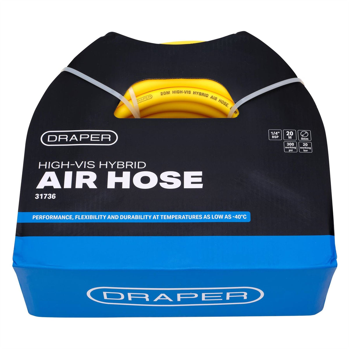Draper High Visibility Hybrid Air Hose 20m x 8mm 1/4" BSP Yellow 31736 White Rose Tools