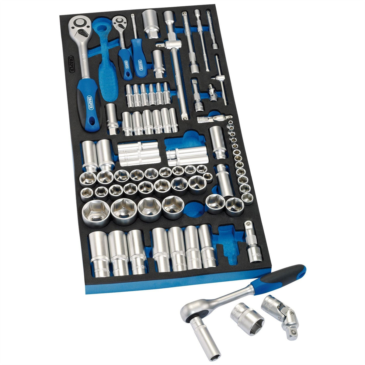 Draper Socket Set in Full Drawer EVA Insert Tray 1/4" 3/8" and 1/2" (84 Piece) 63540 White Rose Tools