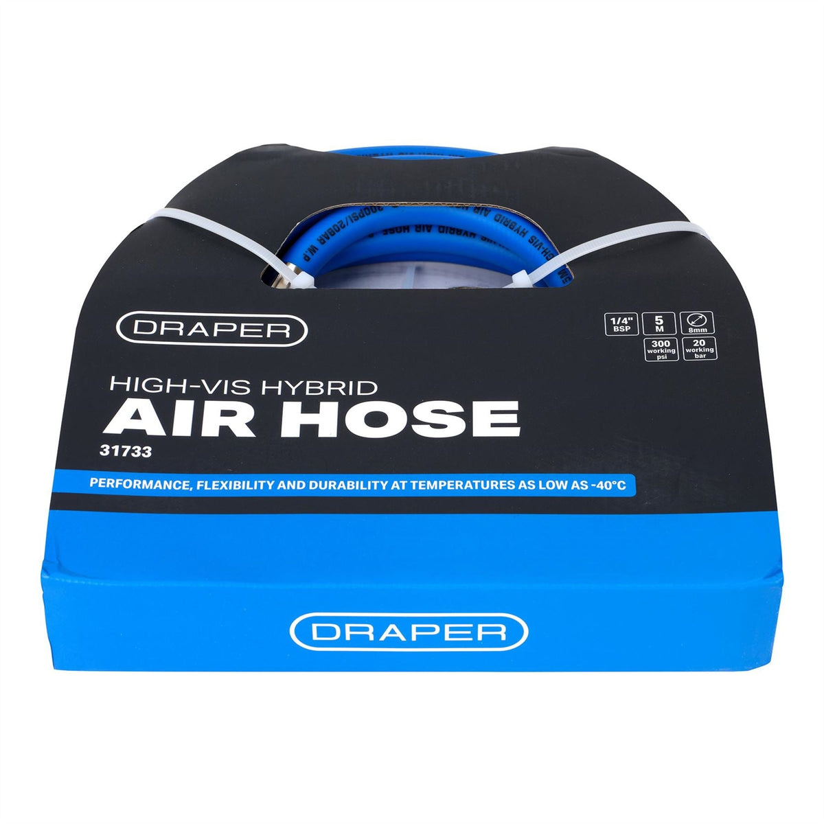 Draper High Visibility Hybrid Air Hose 5m x 8mm 1/4" BSP Blue 31733 White Rose Tools