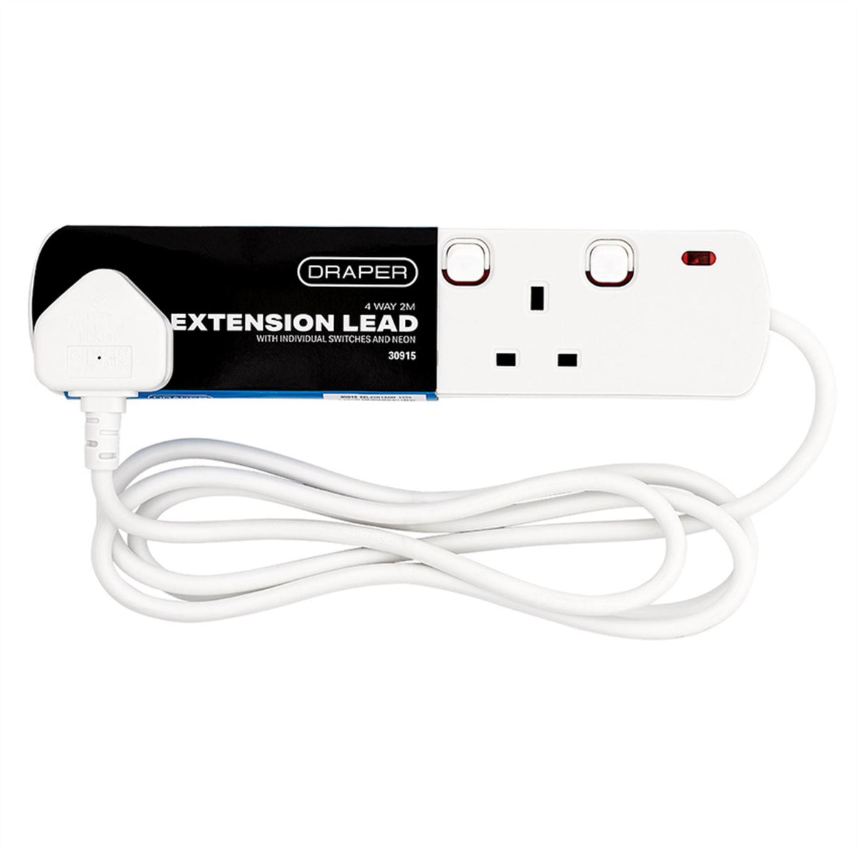Draper 4 Way White Switch Protected Extension Lead 2m 30915 White Rose Tools