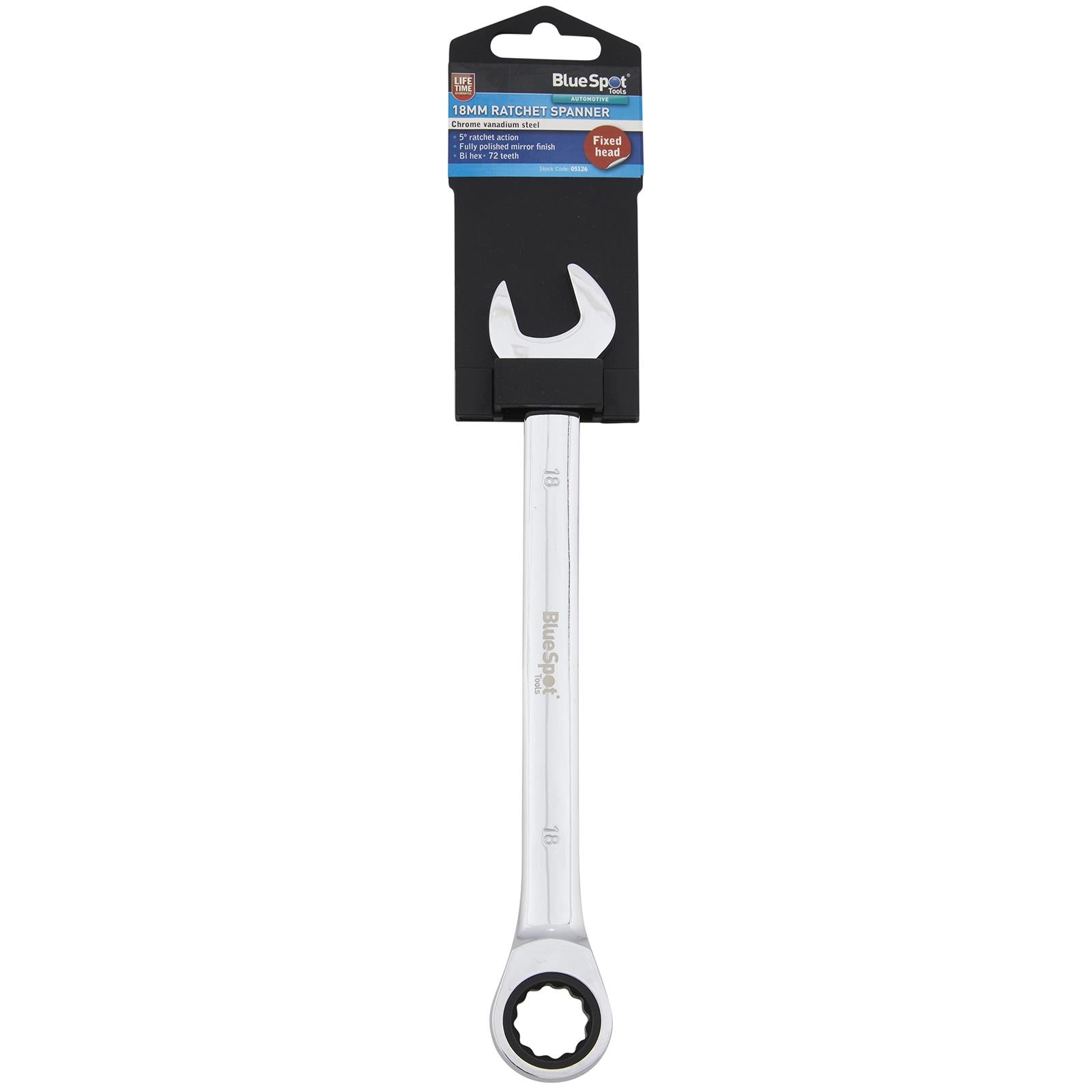 BlueSpot Ratchet Combination Spanner Fixed Head Chrome Vanadium 18mm