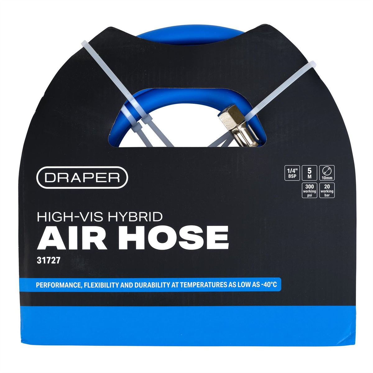 Draper High Visibility Hybrid Air Hose 5m x 10mm 1/4" BSP Blue 31727 White Rose Tools