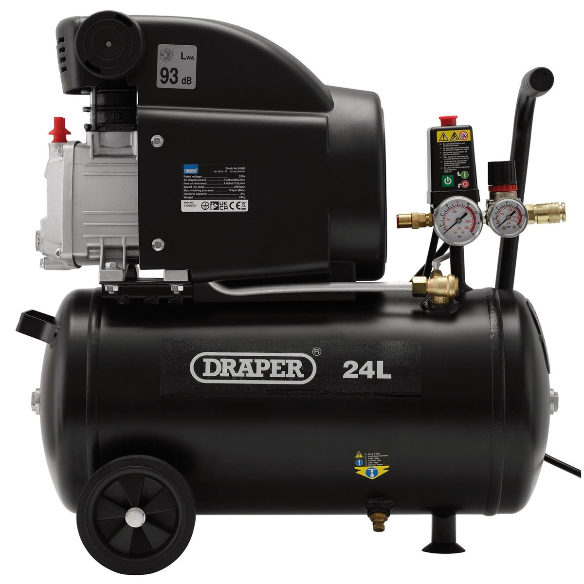 Draper 230V 24L Direct Drive Air Compressor 1.5kW/2hp 24980 White Rose Tools