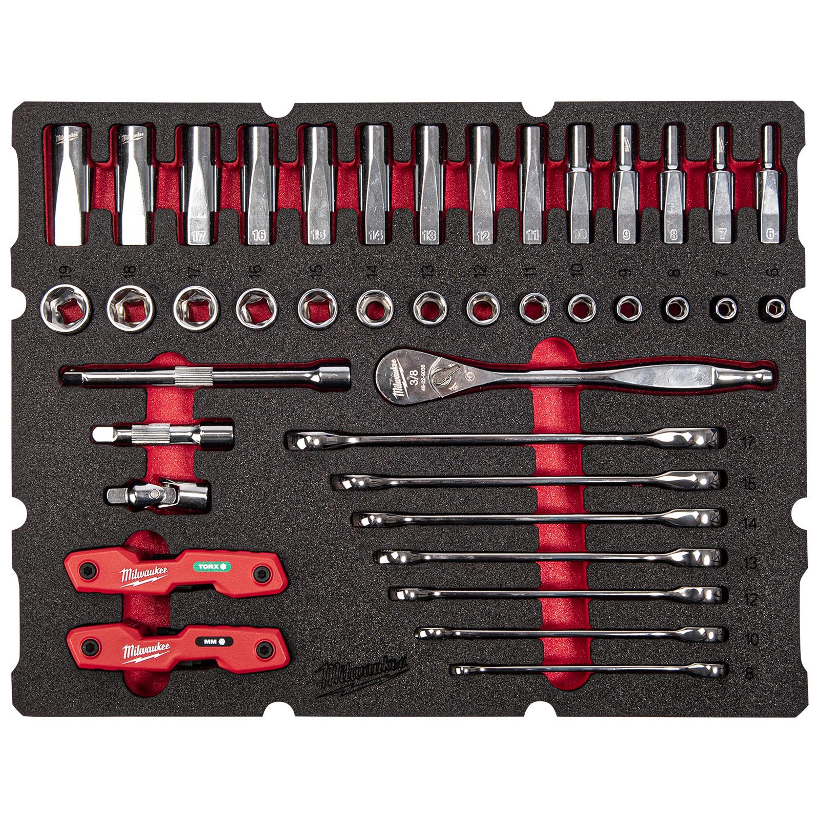 Milwaukee Packout Drawer 3/8" Drive Ratchet and Ratcheting Combi Spanner Foam Insert Set 55pc