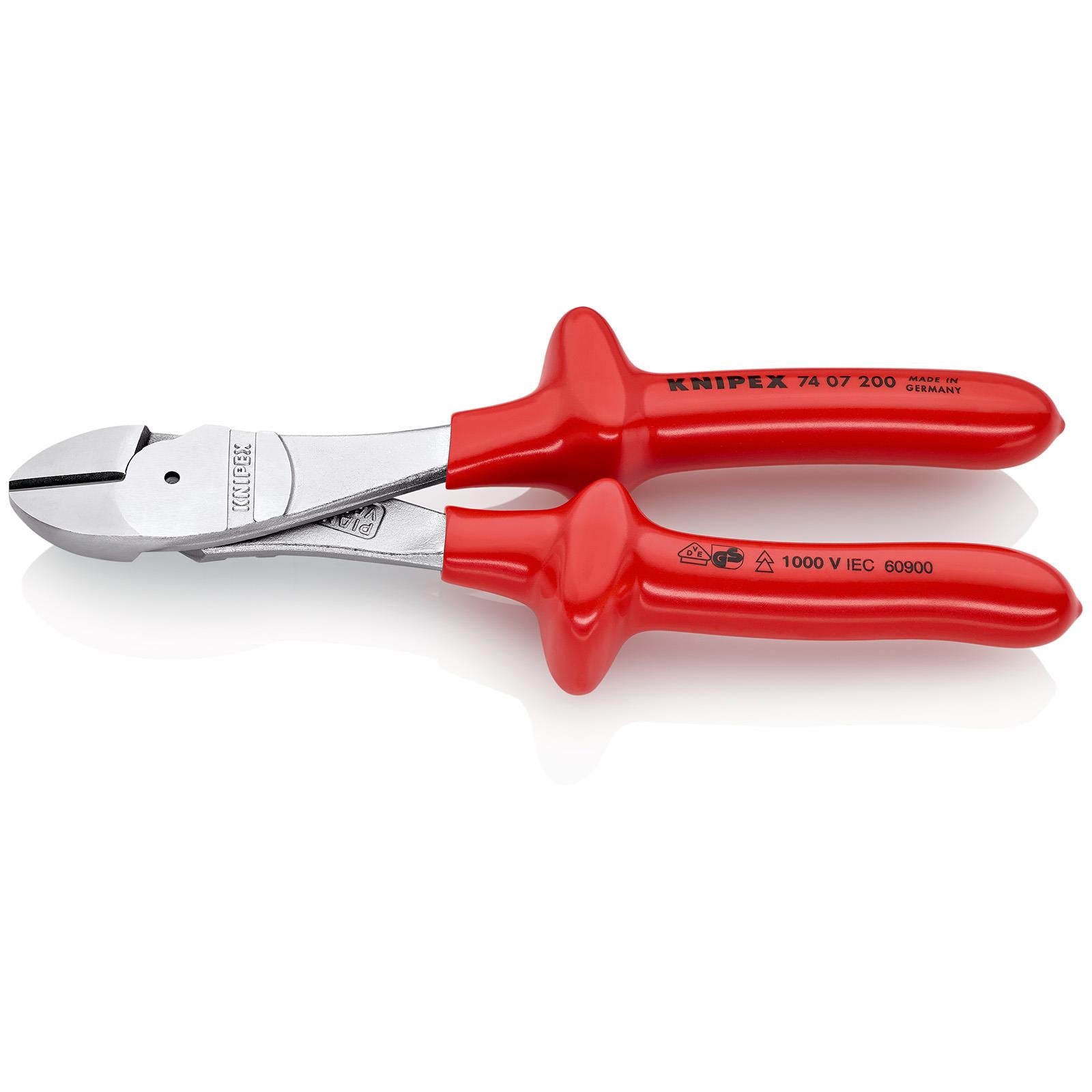 KNIPEX High Leverage VDE Diagonal Side Cutting Pliers 200mm Chrome Plated with Dipped Insulation 74 07 200