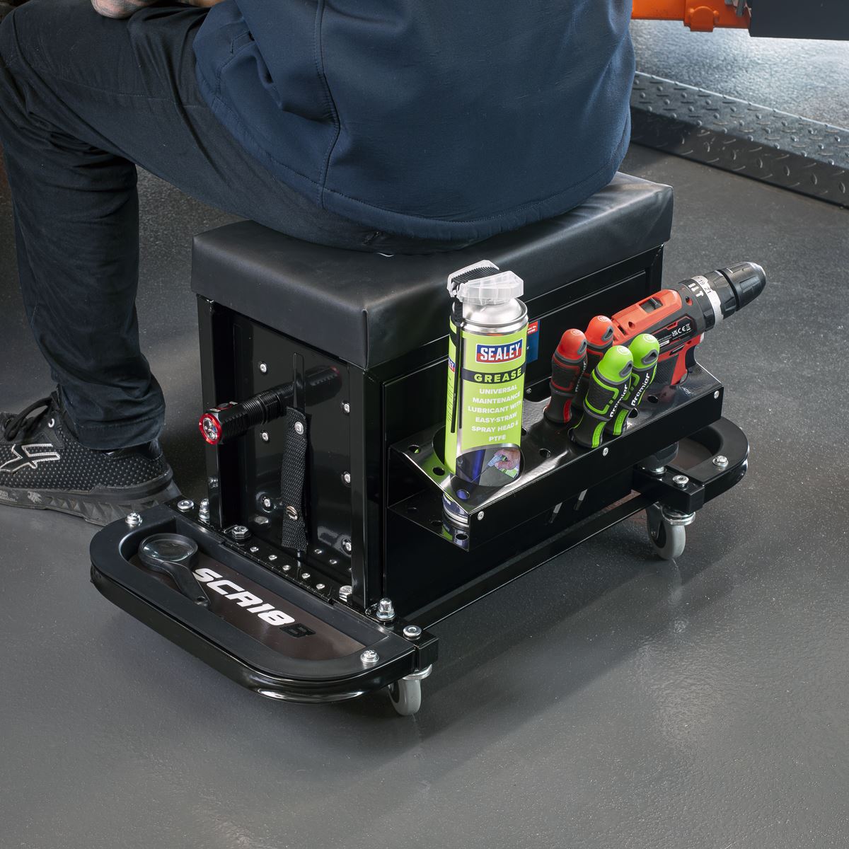 Sealey Mechanic's Utility Seat & Toolbox - Black - White Rose Tools