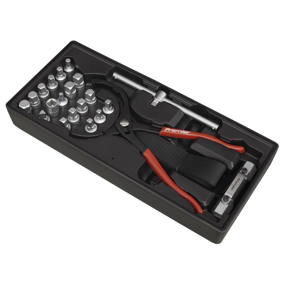Sealey 21 Piece Oil Filter Wrench, Pliers & Drain Key Set with Tool Tray