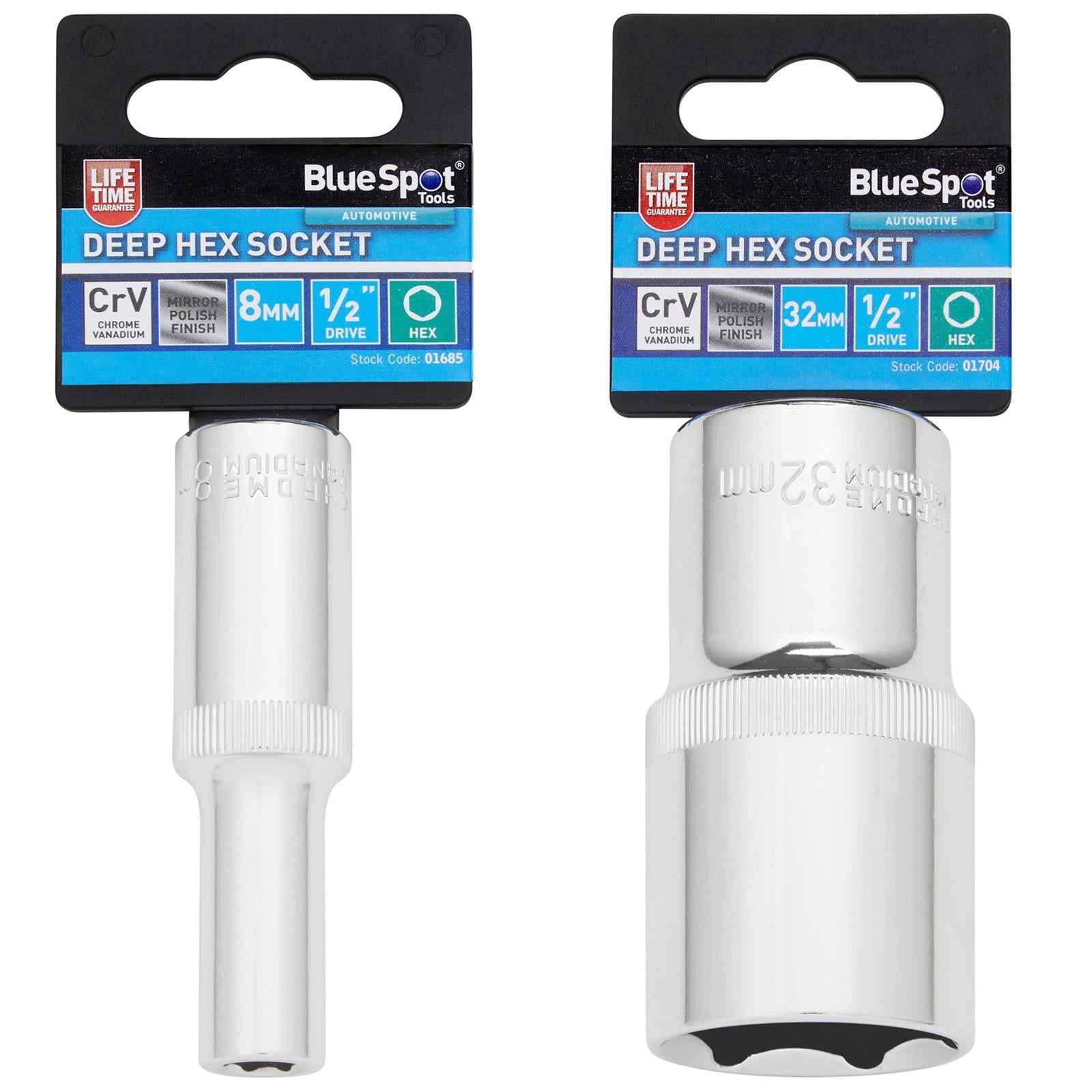 BlueSpot Deep Socket 1/2" Drive 6 Point Hex Chrome Individual 8-32mm - Choose Size White Rose Tools