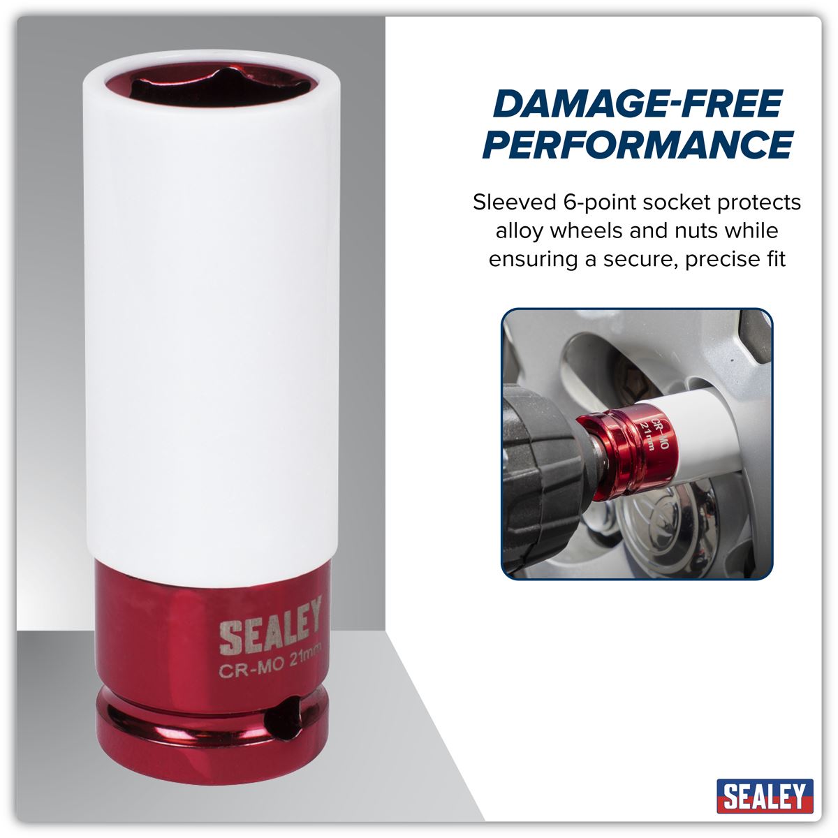 Sealey Alloy Wheel Impact Socket 1/2"Sq Drive 21mm White Rose Tools