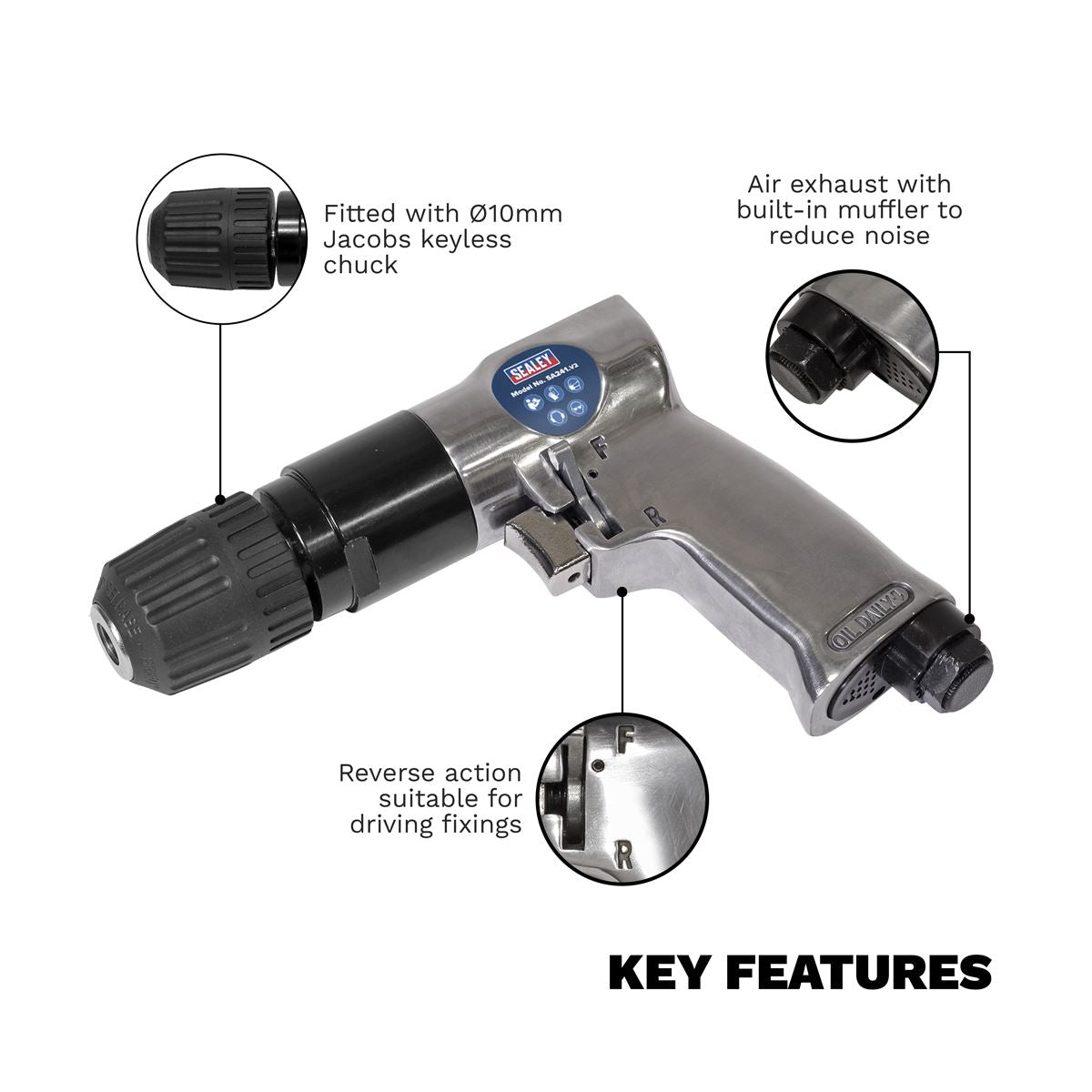 Sealey Air Drill Reversible Keyless Chuck Air Tool Workshop 10mm Driving