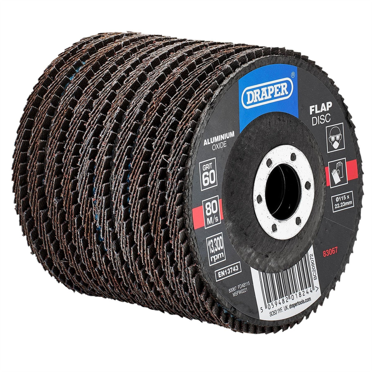 Draper Aluminium Oxide Flap Discs 115 x 22.23mm 60 Grit (Pack of 10) 83067 White Rose Tools