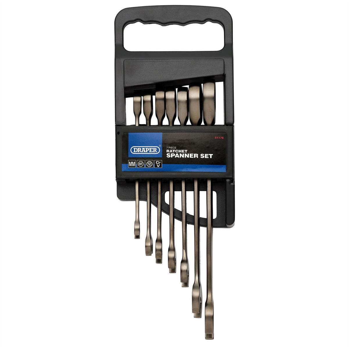 Draper HI-TORQ® Metric Ratcheting Combination Spanner Set Black (7 Piece) 51178 White Rose Tools