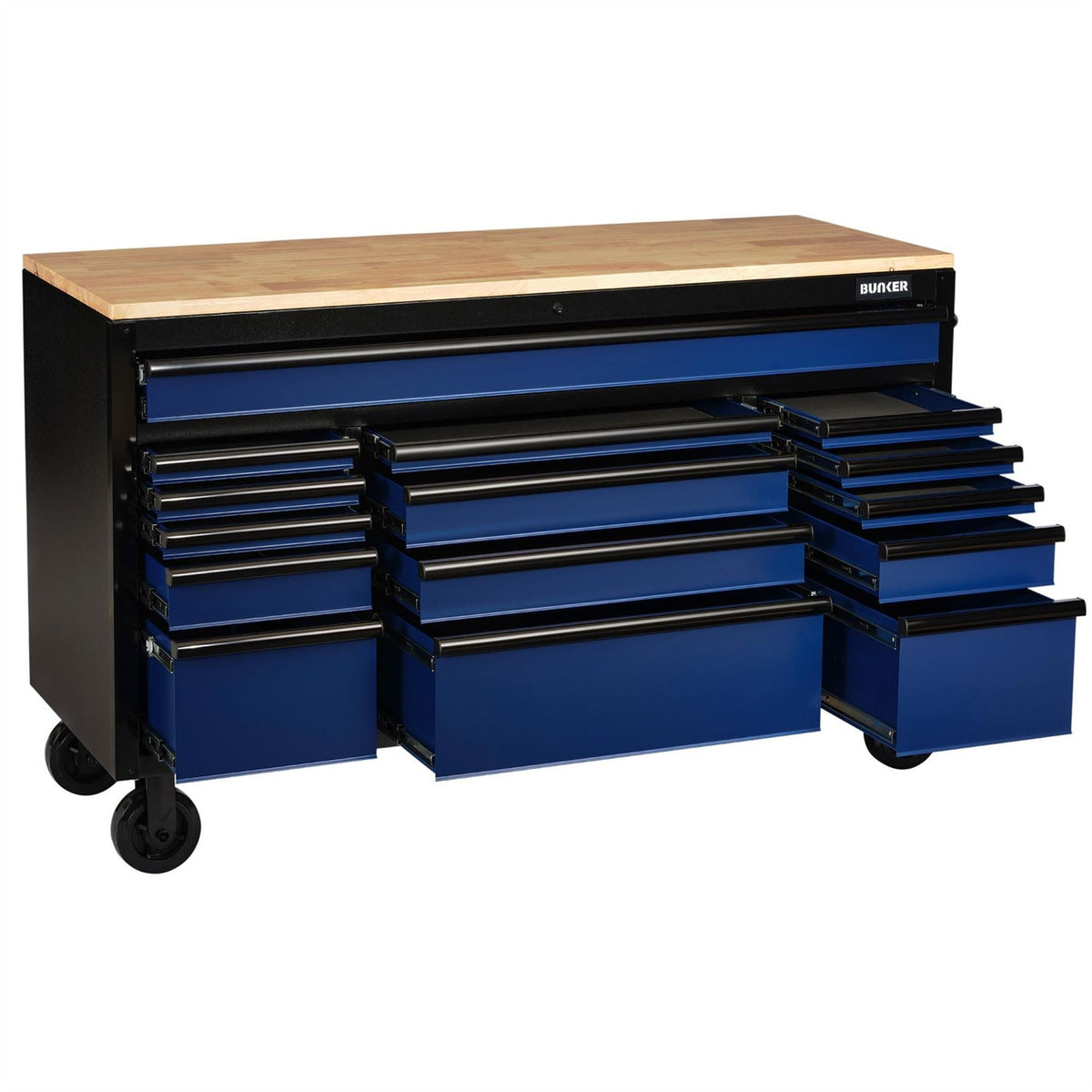 BUNKER 15 Drawer Workbench Roller Tool Cabinet 61" Blue 27336 White Rose Tools