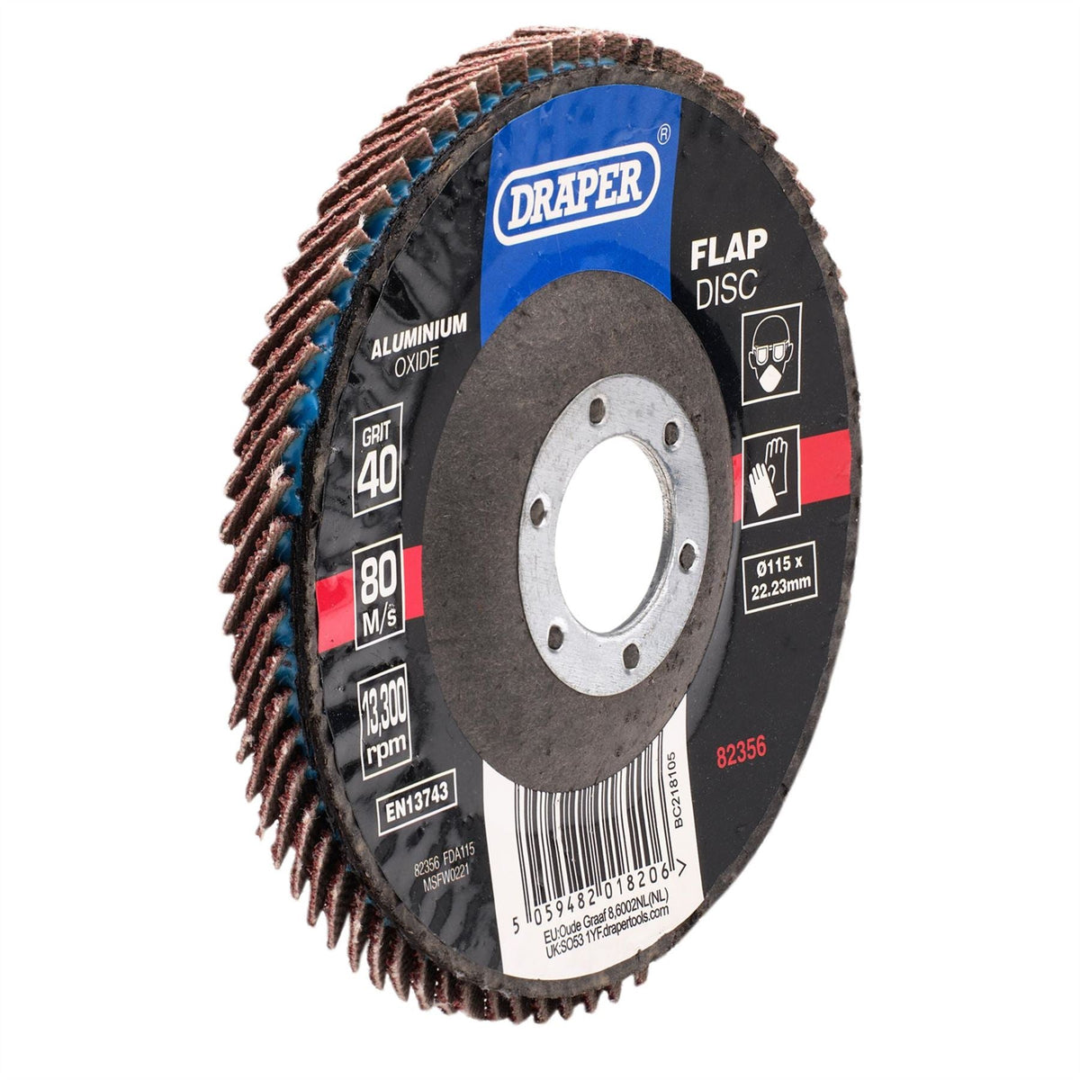 Draper Aluminium Oxide Flap Disc 115 x 22.23mm 40 Grit 82356 White Rose Tools