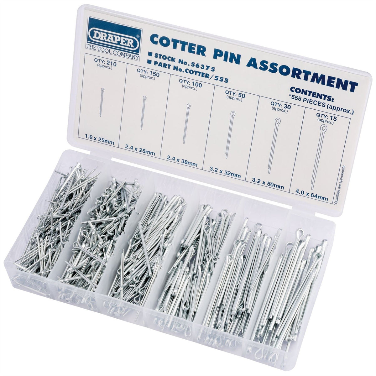 Draper Split Pin Assortment (555 Piece) 56375 White Rose Tools