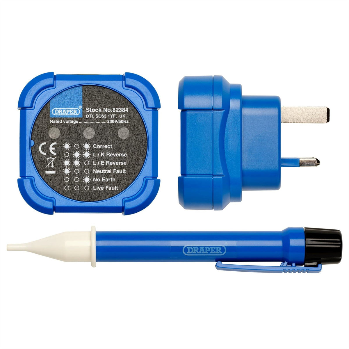 Draper 230V Socket and Voltage Tester Set 200-600V 3A 82384 White Rose Tools