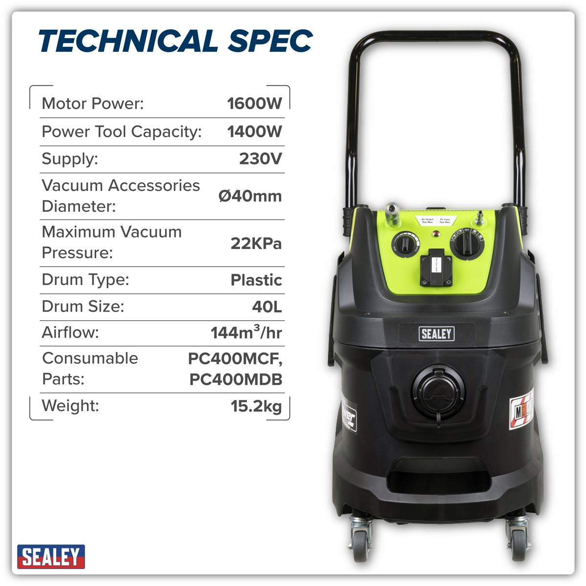 Sealey M Class Dust-Free Industrial Wet & Dry Vacuum Cleaner 40L with Autostart for Air/Electric Power Tools 1600W/230V