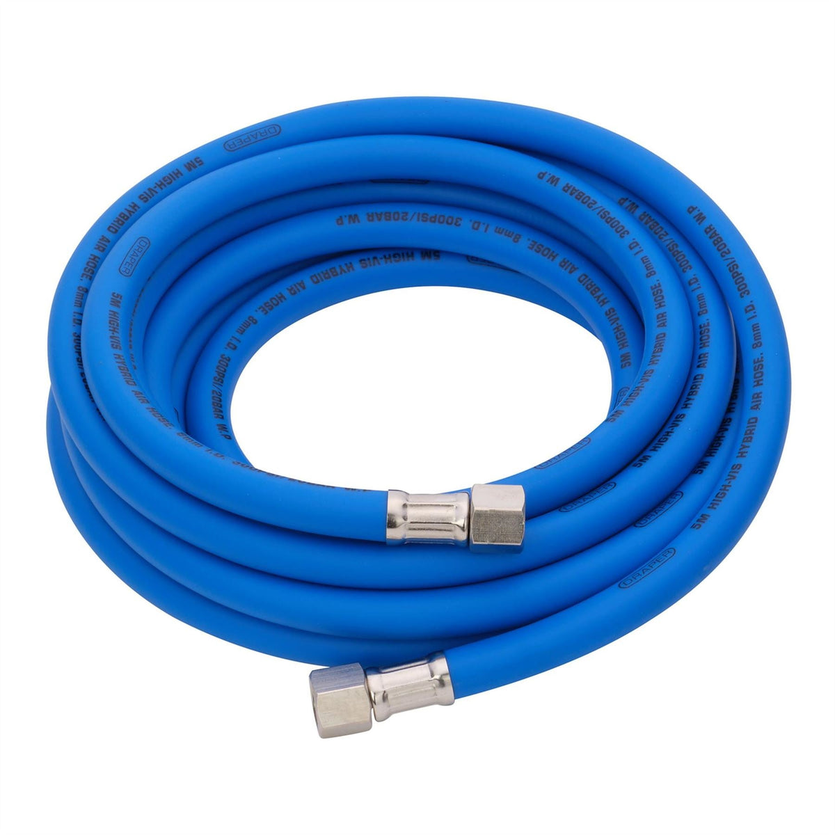 Draper High Visibility Hybrid Air Hose 5m x 8mm 1/4" BSP Blue 31733 White Rose Tools
