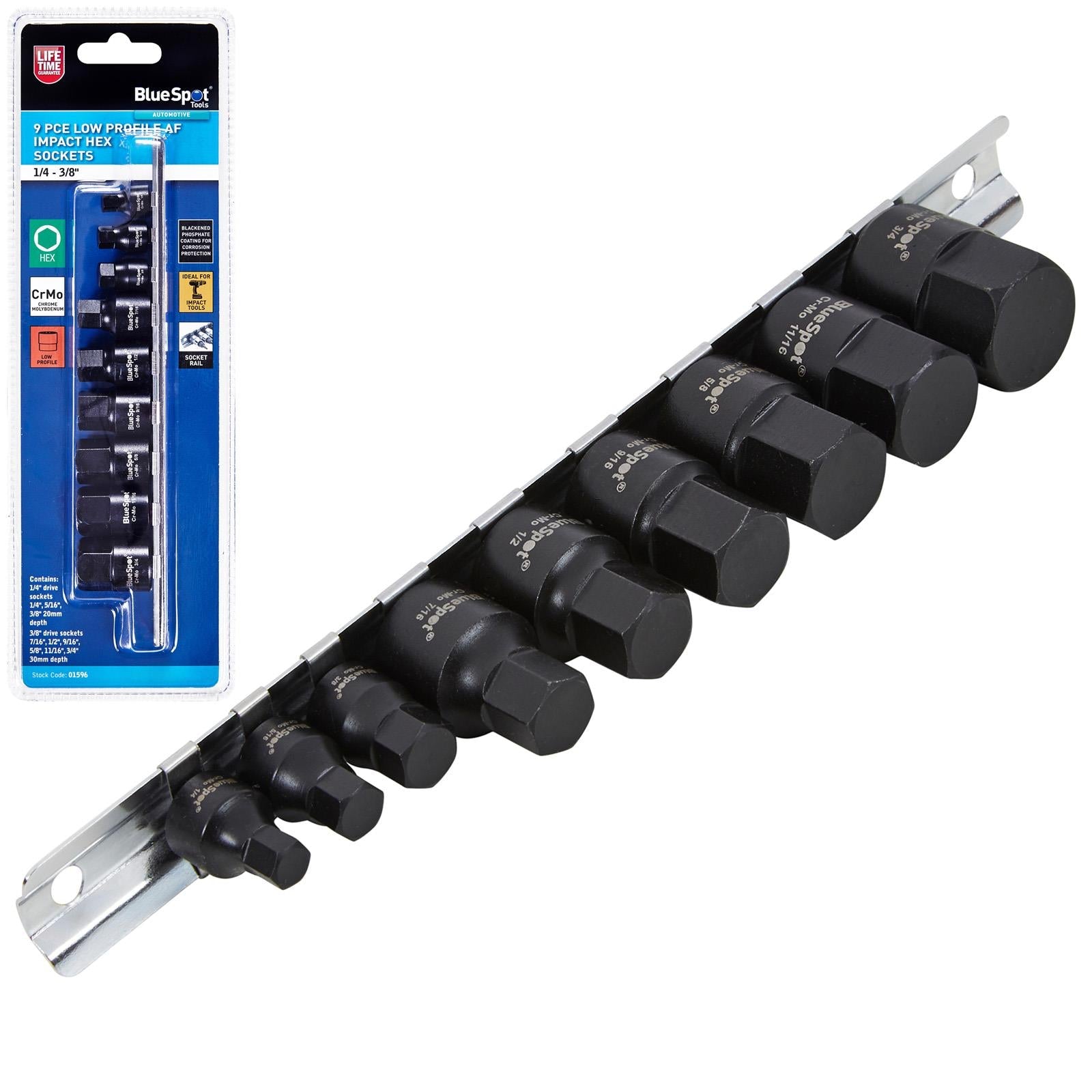 BlueSpot Impact Hex Socket Set Imperial AF Low Profile on Socket Rail 9 Pieces 1/4" 3/8" Drive White Rose Tools