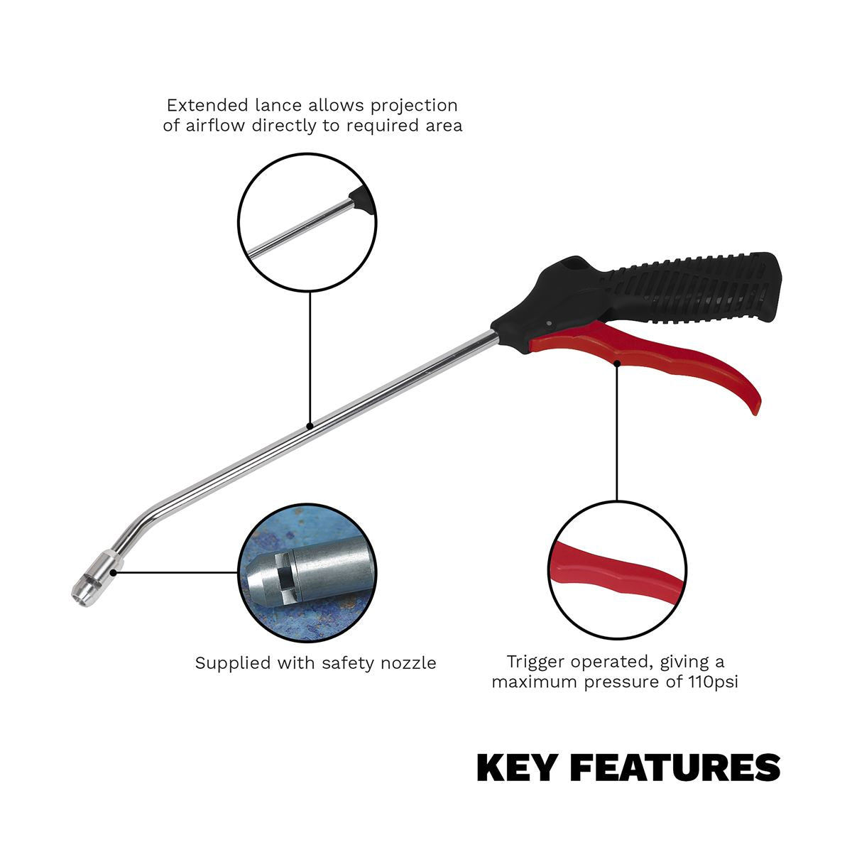Sealey Air Blow Gun 250mm with 1/4"BSP Air Inlet & Safety Nozzle
