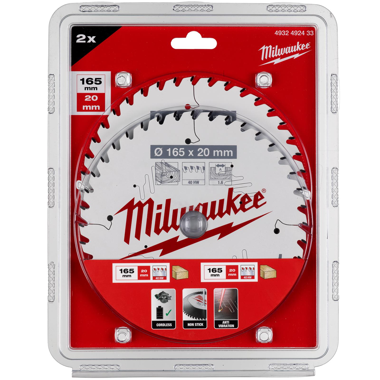 Milwaukee Circular Saw Blade for Wood Twin Pack 2 Piece 165mm 20mm Bore 40 Tooth