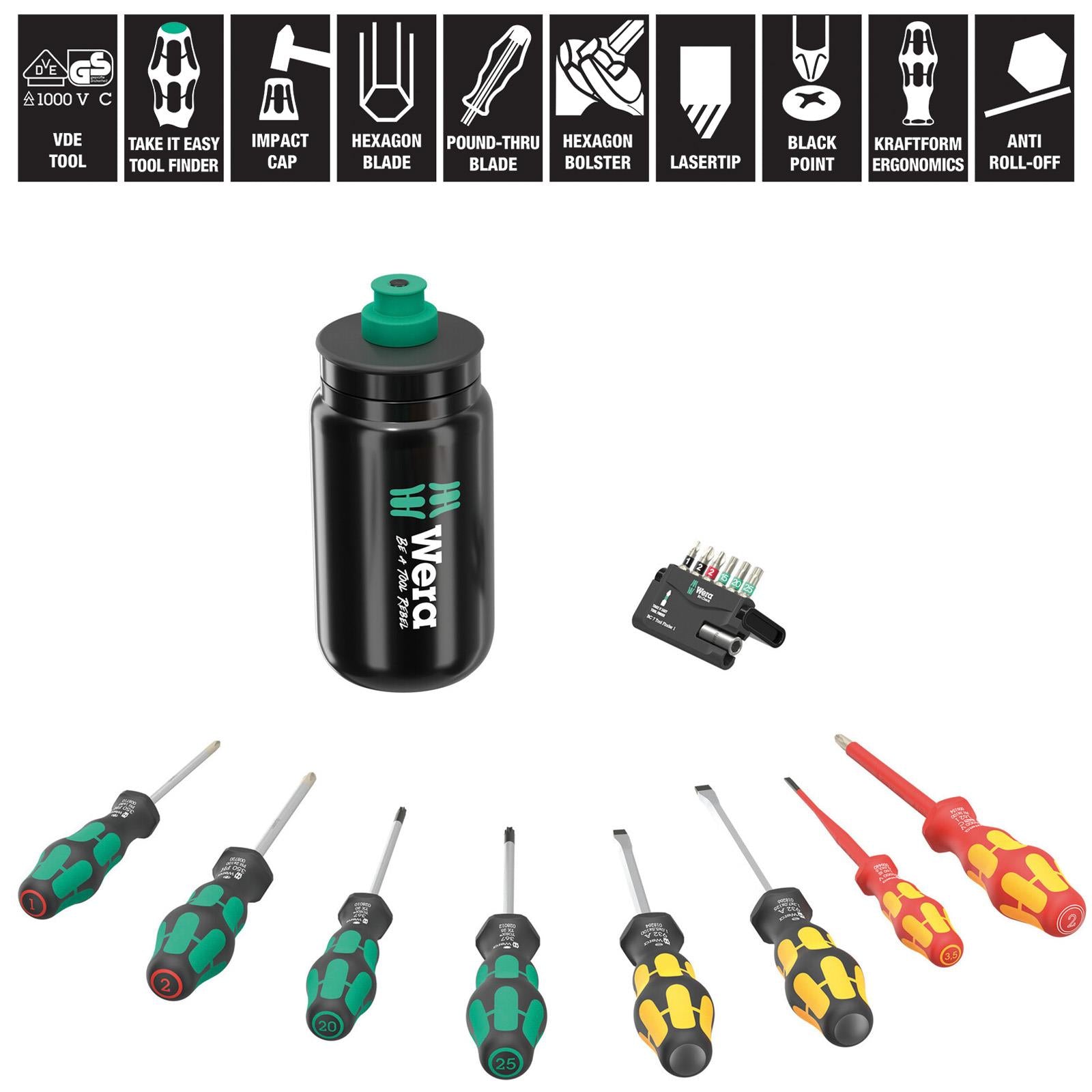 Wera Screwdriver Set with Water Bottle 9540 Kraftform XL Bottle Set 17 Pieces SL PH TX PZ Hex