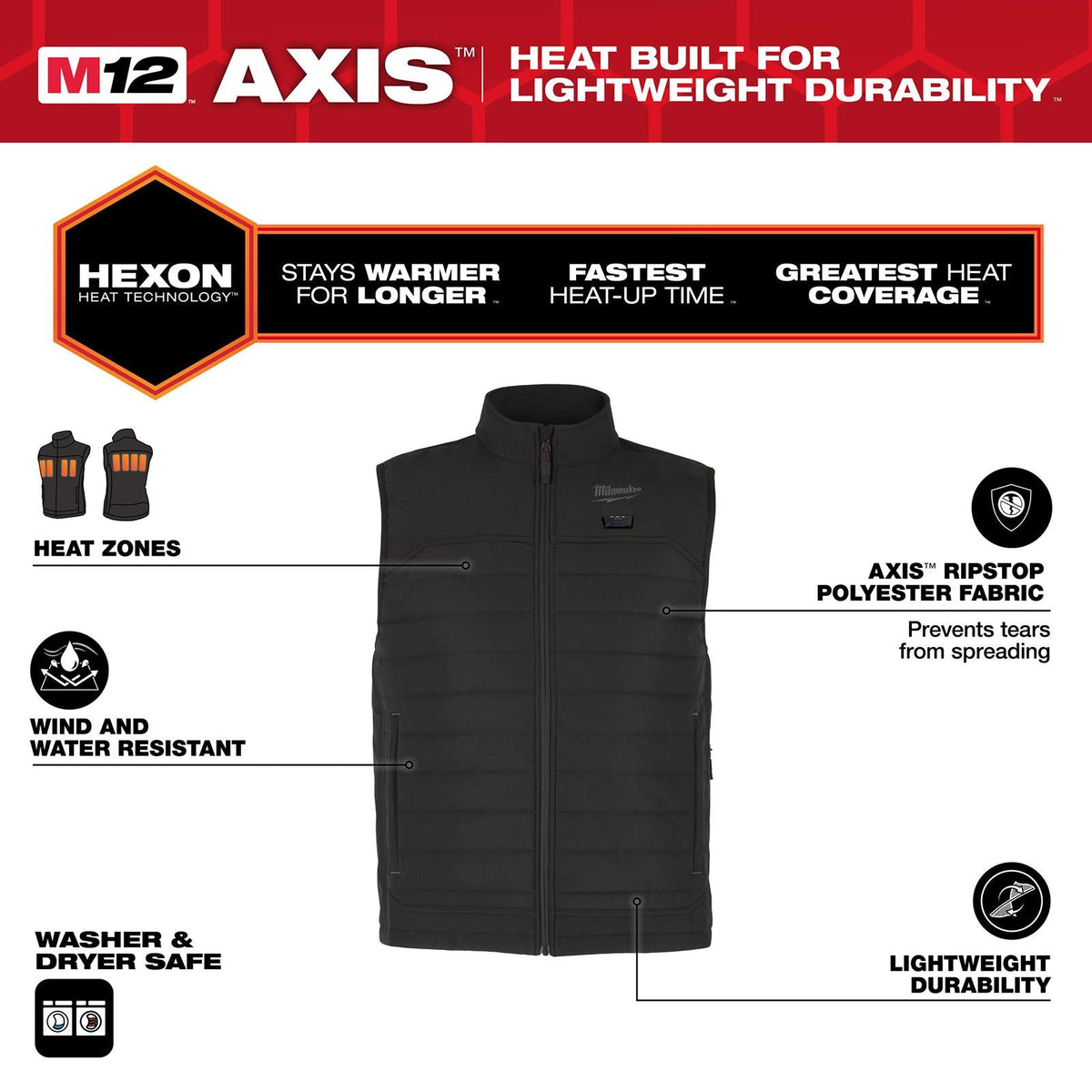 Milwaukee M12 HEXON Heated Puffer Vest Black M12 HPVBL3-0 - Choose Size White Rose Tools