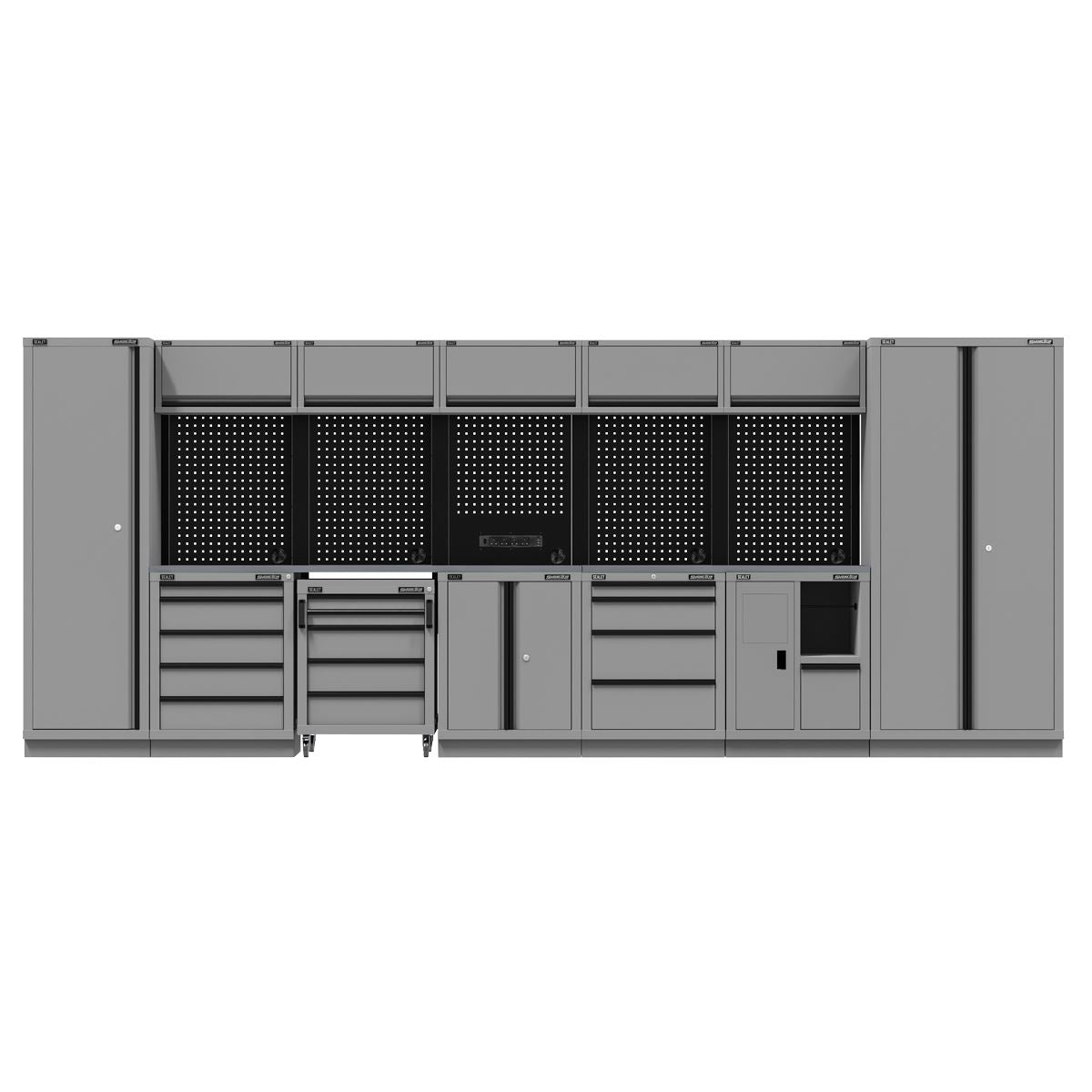 Sealey Superline PRO® Black Edition Storage System with Stainless Steel Worktop 4.92m White Rose Tools