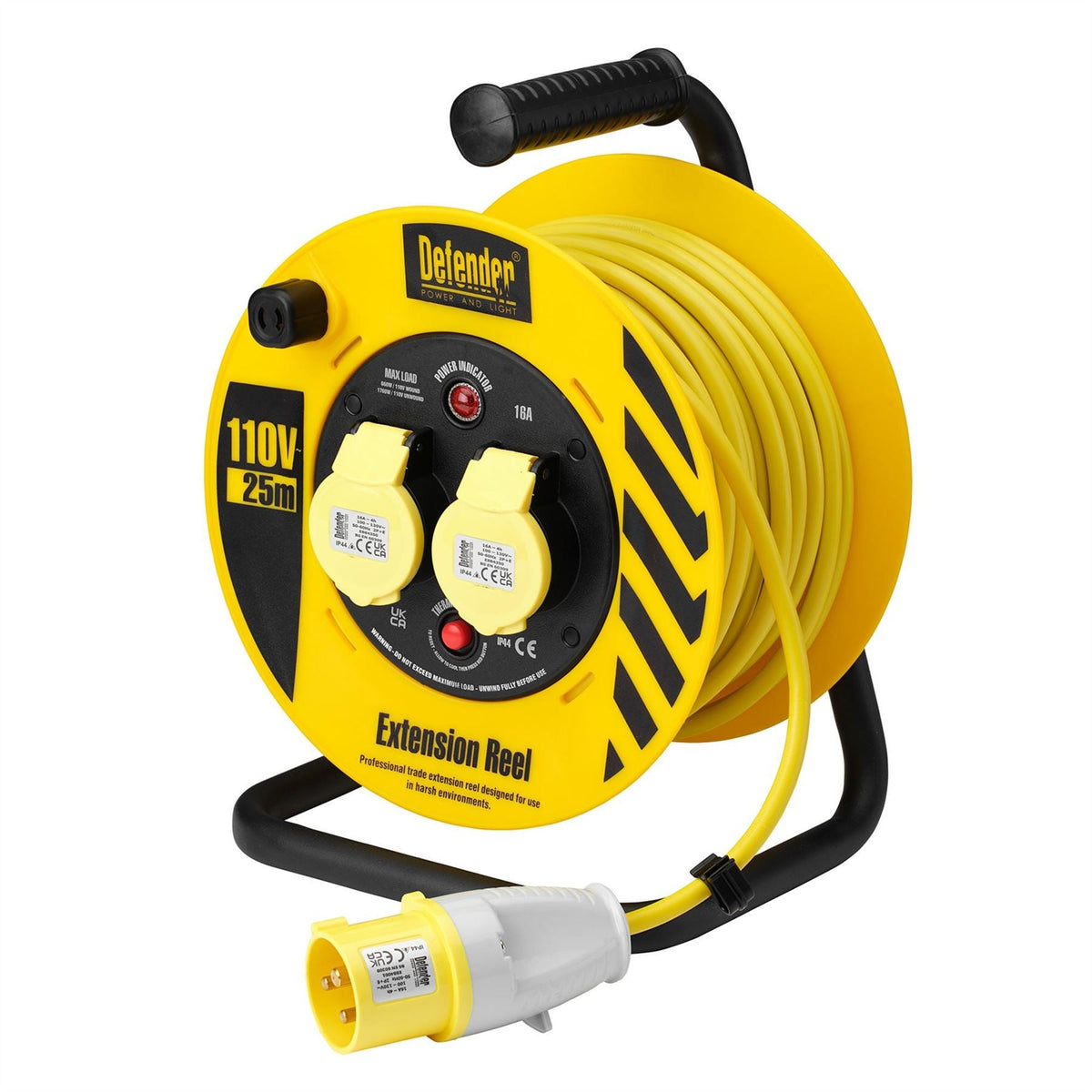 Defender E86450 110V 2-Way Industrial Cable Reel 1.5mm² 16A 25m 35092 White Rose Tools