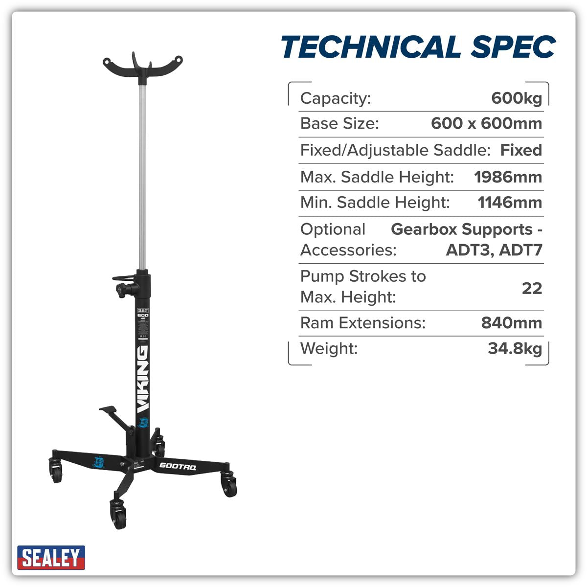 Sealey Viking Vertical Transmission Jack with Quick Lift 600kg - White Rose Tools