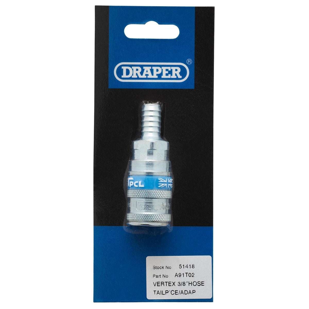 Draper 3/8" Bore Vertex Air Line Coupling with Tailpiece 51418 White Rose Tools