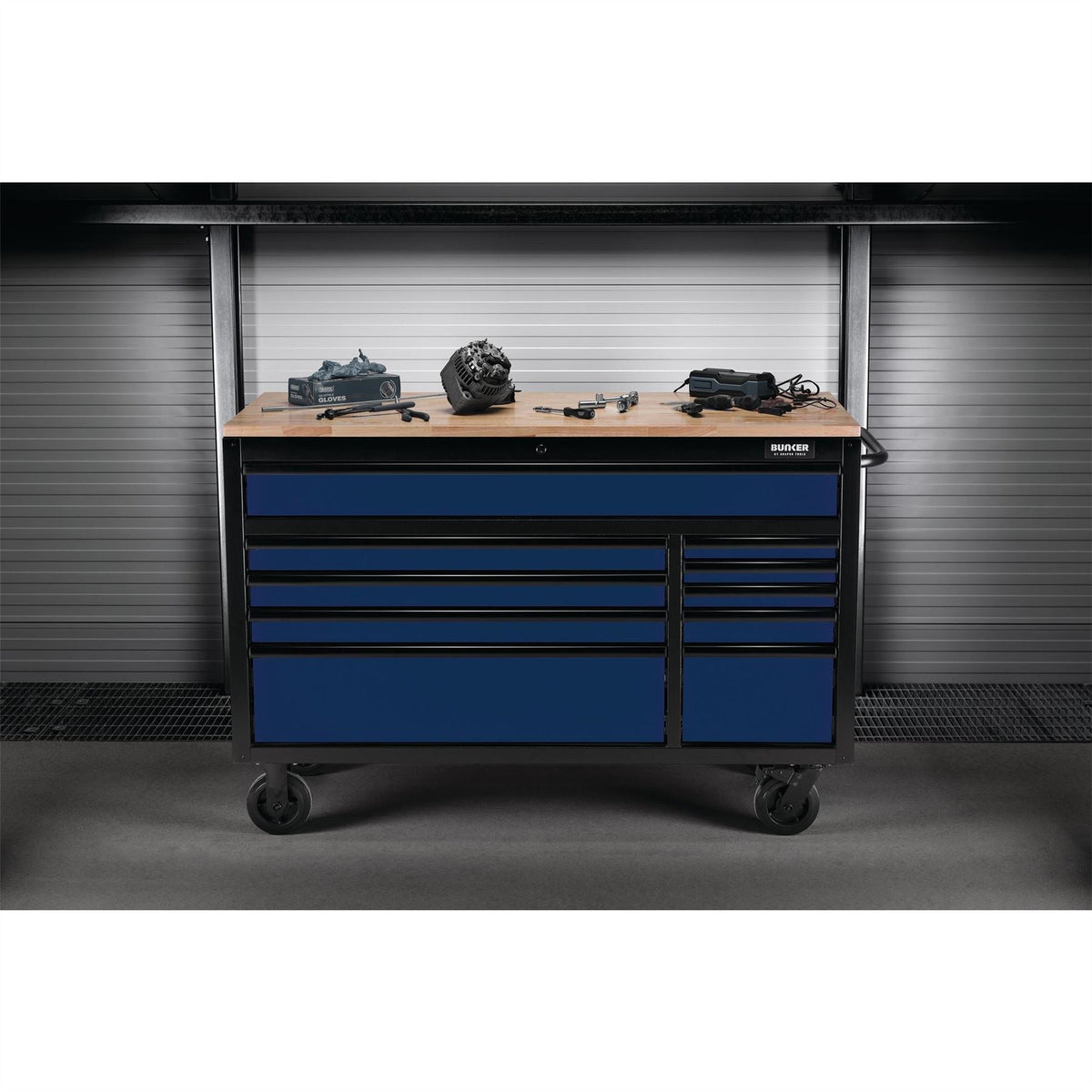 BUNKER 10 Drawer Workbench Roller Tool Cabinet 56" Blue 27223 White Rose Tools
