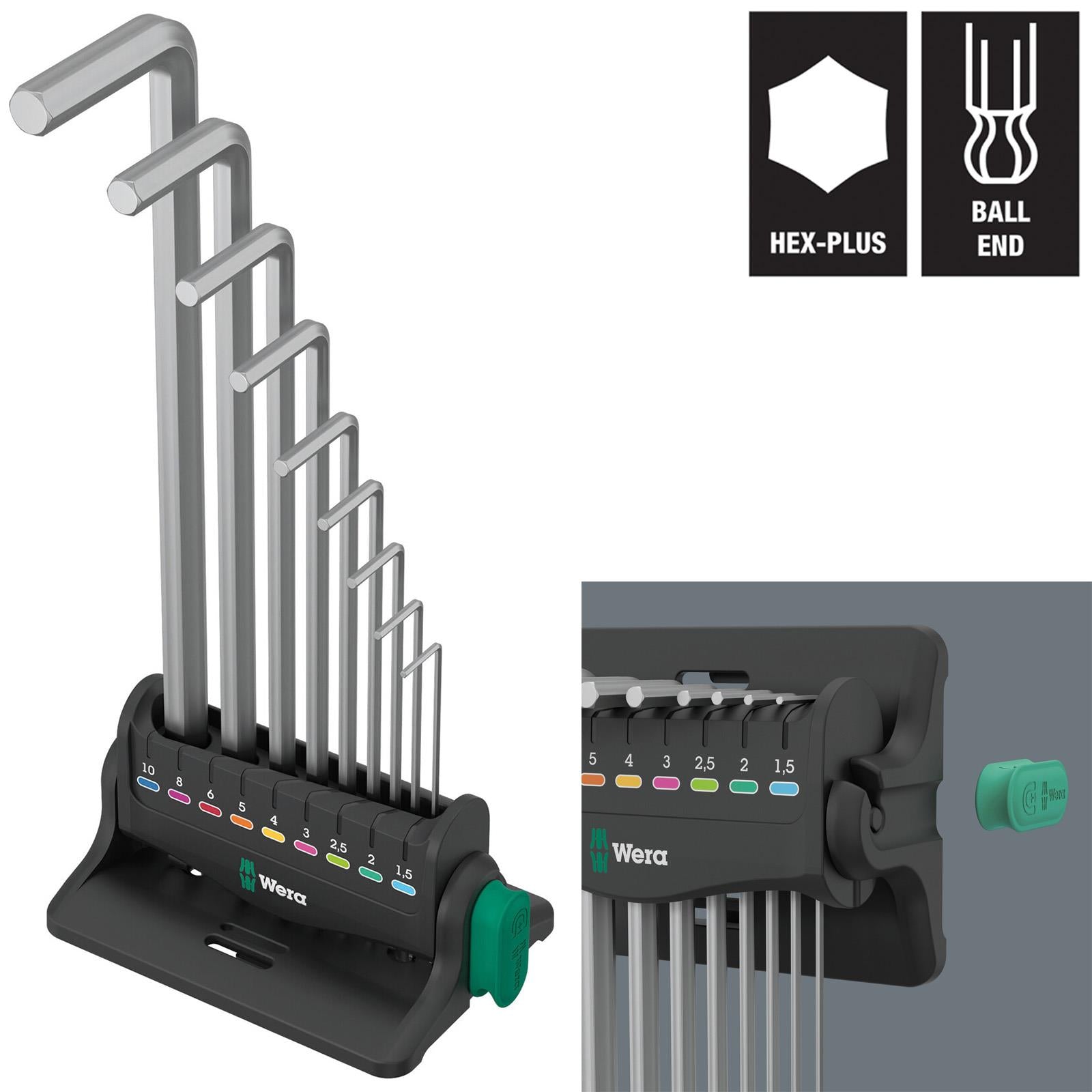 Wera Hex Key Set Stand Wall Rack 950/9 Hex Plus 8 L-Key Set Metric Chrome Plated 9 Pieces 1.5-10mm